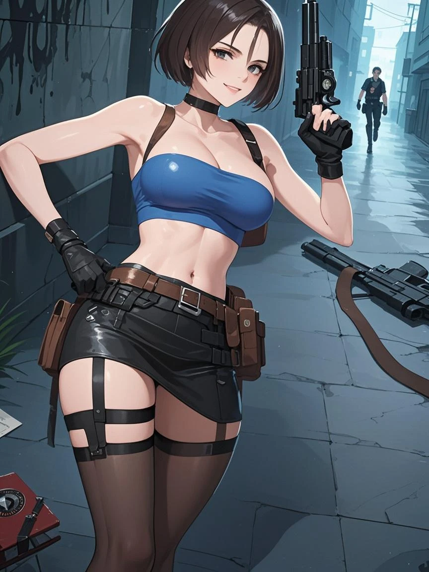 resident evil, jill valentine, monster girl, infected, infected body, infected veins, infection, fusion, zombie girl, nemesis (resident evil),fusion of jill valentine and nemesis (resident evil), nightmare waifu, G virus, virus, infection, symbiote, assimilation, monster girl, alternate form, corrupted, corruption, evil, dark_persona, parasite, parasite on body, parasitic tentacle, tentacle, tentacles, body invasion, veiny breasts, possession, evil grin, evil smile, red eyes, mature_female, hourglass figure 1girls, brown hair, dual wielding, tactical_gear, bondage gear, bondage harness, corset, bondage outfit, fishnet legwear, fishnet pantyhose, fishnet stockings, fishnets, fit female, g-string, panties, tentacles body invasion, pistol, short hair, thick thighs, thighhighs, thong, thong panties, thong underwear, underwear, older_female, garter belt, full body, harness, holster, holding gun, looking at viewer Full HD, 4K.