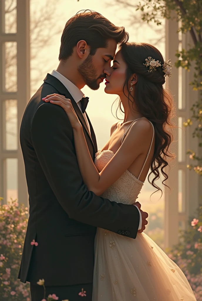 On the upscale luxury hotel wedding stage,A dozen friends and spectators next to the audience stood up and applauded,Couple in uniform,marriage,tongue kissing,Kiss,Hug together