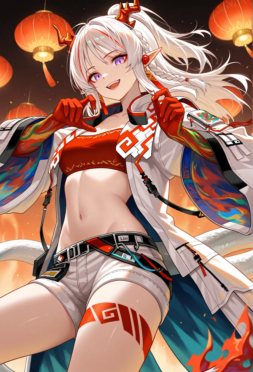 nmasterpiece, of the best quality, PrinzV4, 1girls, 独奏, long length hair, cleavage of the breast, looking at the spectator, Large big tits,Large Big breast, mitts, Belly button, Hold, jackets, Yellow eyes, White hair, red hair, O cabelo multicolorido, Open your clothes, Black gloves, Open jacket, Official alternative costumes, Striped hair, Black jacke, hand on hips, underboobs, headware, Banner, Red panties, Queen of the game, Hold the flag,pregnant women with,shot on the body,cum on stomach,The white liquid is drizzled all over the body