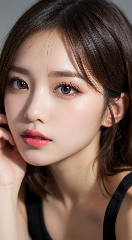 A very beautiful woman with dark eyes, an evil-looking face and a mischievous expression,