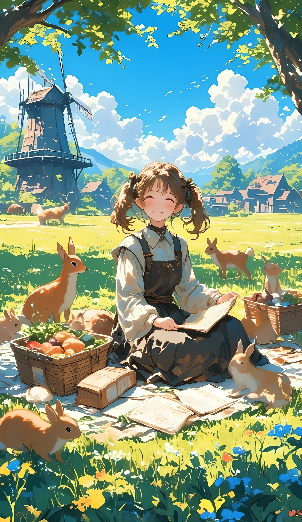 anime-style, medium shot, fantasy village girl with twin-tails, wearing a rustic medieval dress and apron, sitting on a picnic blanket in a sunlit meadow, surrounded by picnic basket filled with bread, fruit, and flowers, open letter and a small sketchbook beside her, smiling warmly as forest animals — rabbits, deer, squirrels, and foxes — gather around her, in the background a quaint windmill turns slowly near a fantasy-style village, wildflowers dot the grass, soft breeze ruffling her hair and clothes, clear blue sky with fluffy clouds, gentle sunlight, peaceful and magical atmosphere, best quality, highly detailed, masterpiece, illustration style