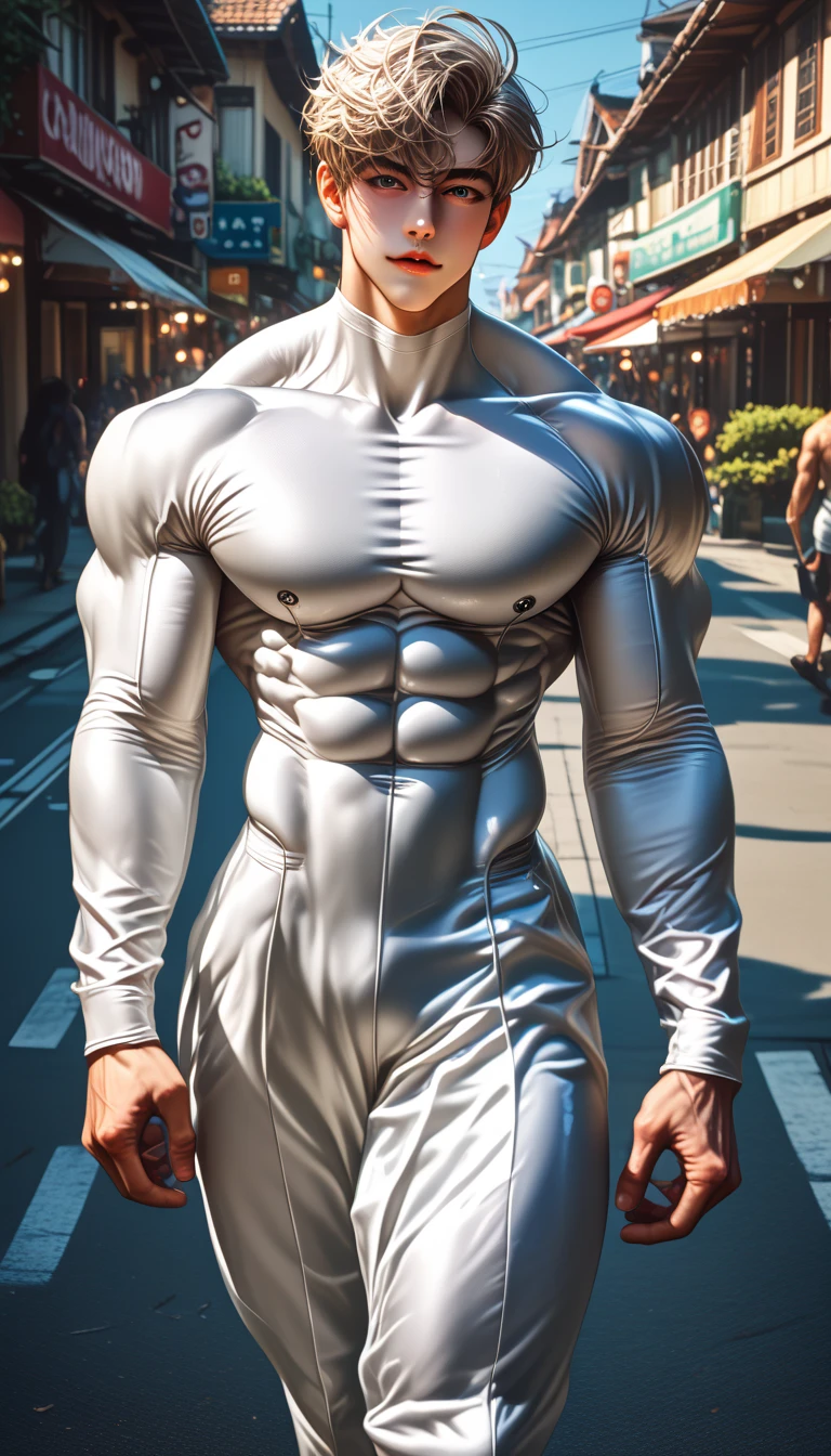 masterpiece,best quality,Look up at the characters,Front view,Stay away from the camera, (An 18-year-old boy with extraordinary development:1.2), (Tall and fit body),(Kneeling upright on the campus grass),Red and white tight-fitting cycling suit,Broad and straight shoulders,Muscular shoulders,(Extremely strong body),Muscular body,Fitness,Perfect body proportions,Inverted triangle figure,Biceps,Highlight muscle texture, Muscular body,Slender and toned legs,Small head,Handsome and cute face,Perfectly detailed facial features,Looking at the camera,A serious and angry expression,leaning back,head tilt, happy, very short hair, brown hair,(looking at viewer:1.2),full body,Vision