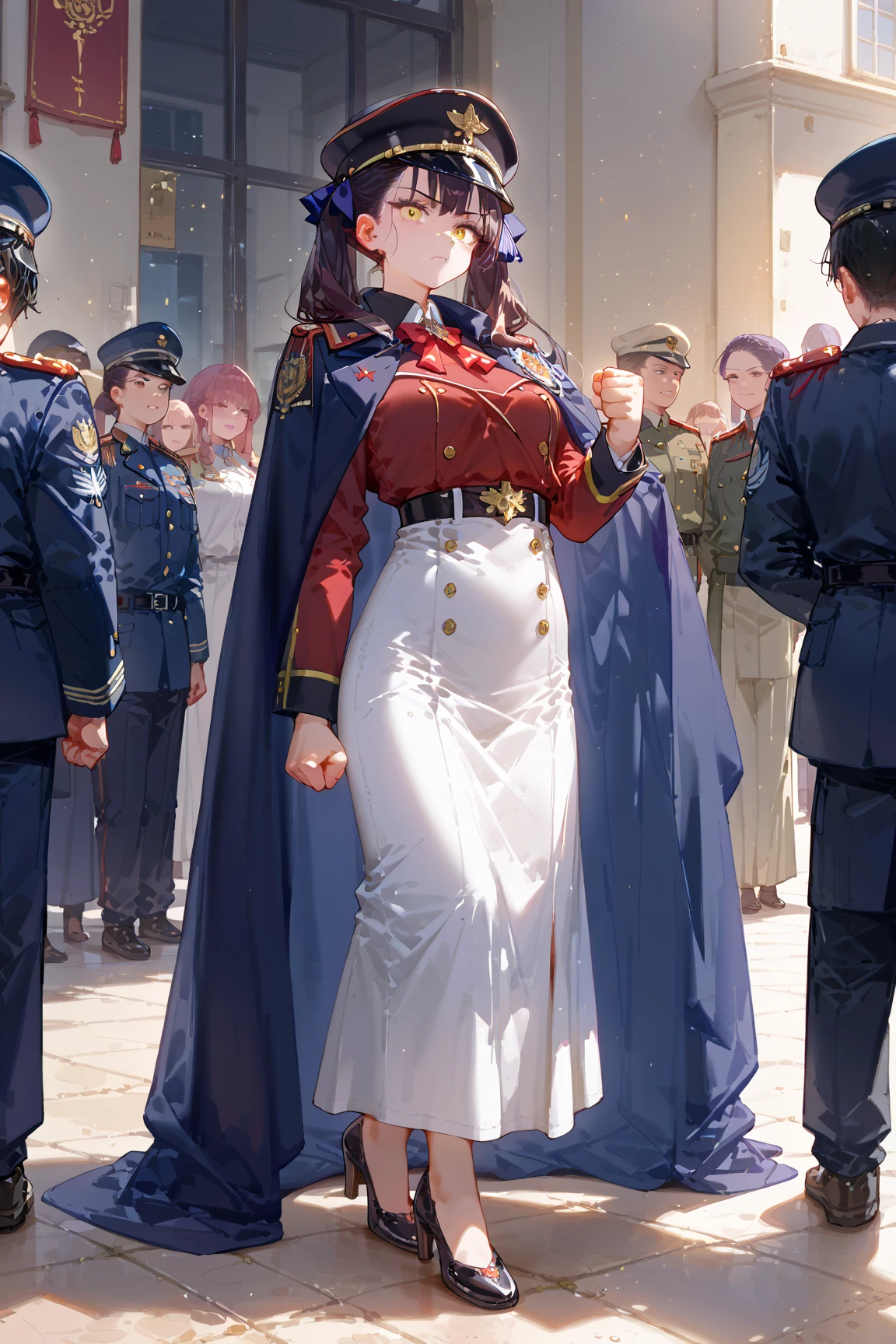 No, adult, modest attire, (reference to World War II Nazi general's uniform : 1.8),black coat,long black skirt,((braided hairstyle,bang front hair)),standing on the tarmac,government agency,deep intelligent personality,discreet facial expression,respectful face,war,fighter plane,( Dark Green Eyes,Black Hair,Smooth Poll Hairstyles,Double Pia Hairstyles,Top Fine Eyes,Straight Bob Pony Hairstyle,Red Glasses Wear,Dark Green Eyes),Authoritarian Society,Long Distance,Beautiful Delicate Face with Detail, Beautiful Delicate Eyes with Detail, Perfect Face Proportion, High Fine Skin, Fine Skin, Best Four Finger to One Thumb Ratio,Masterpiece, High Detail, Realistic