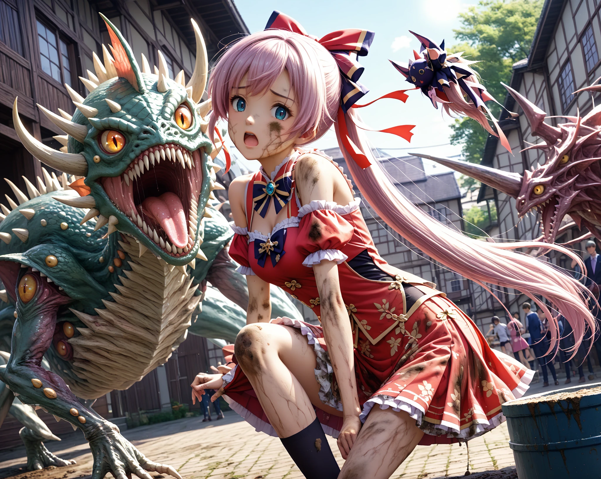 dragon_real,(Extremely detailed CG unified 8k wallpaper,tmasterpiece, Best quality at best, ultra - detailed, 美丽细致的眼睛:1.2),best lighting, (best shadow, extremely delicate and beautiful, bloom),the girl was surrounded by dragons,
(2 pink girls:1.4),, alone,full bodyesbian,back tattoo,white dress,(color dragon:1.4),just play,long skirt,