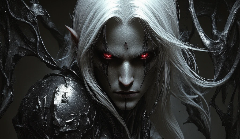 Create an image of a mythological being with the following characteristics: a covered mouth, glowing eyes, long and messy white hair, and a frightening expression. The being's face should convey a mix of terror and mystery. Use a dark color palette to accentuate the eerie and supernatural atmosphere,the mask