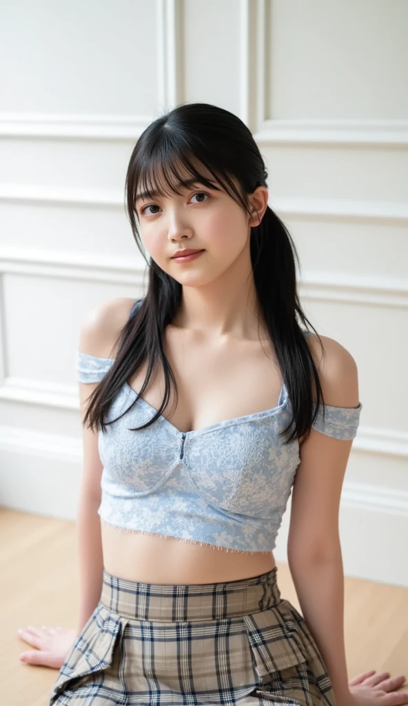 Primary school students, upper body, big eyes, flat chest, (arms behind back:1.1), make up:1.3, white bra