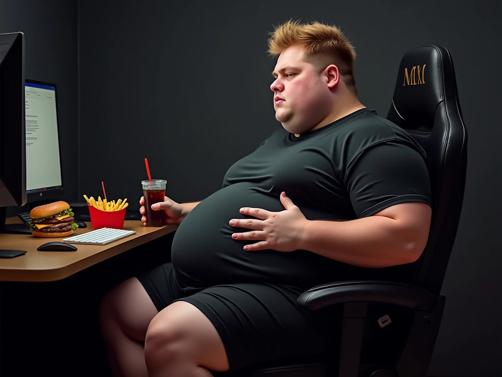 A slightly overweight man wearing glasses and underwear sitting on in a toilet scratching his bellybutton with his rights hand while biting hamburger with his left while staring at a laptop viewed from the side