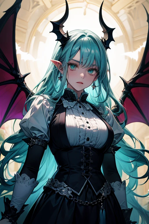 
woman, long hair, blue hair, green eyes, wears an old dress, wears a tiara with two bat wings near her ears, black dress, wears earrings in her ears, the setting is a castle somewhat dark with blood in the air