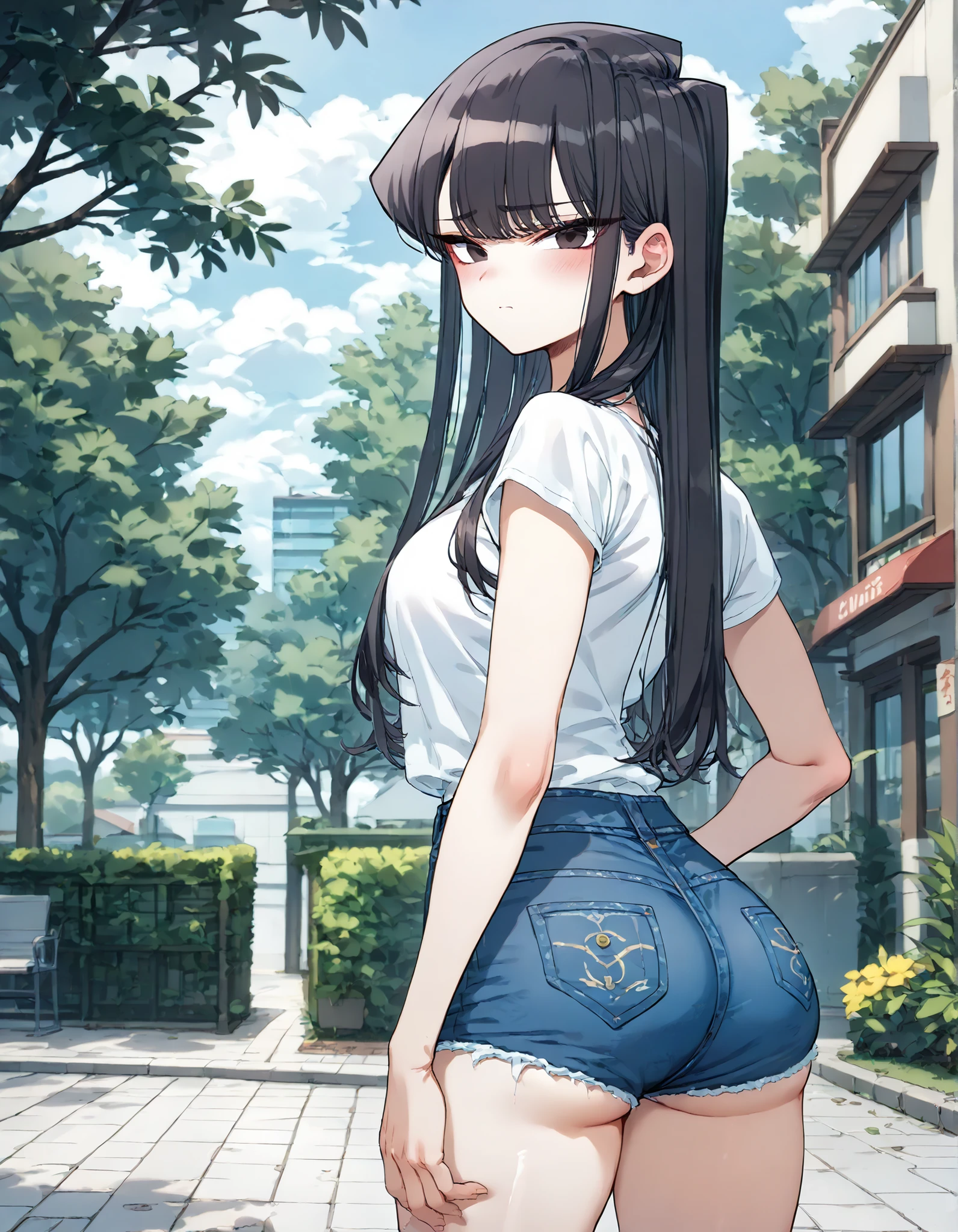 score_9, score_8_up, score_7_up,anime coloring,ultra-detailed,official art,best quality,good quality,BREAK,(nsfw:1.5)1girl,solo,komi_shouko, black eyes, black hair, long hair,BREAK,(denim hot pants,tight),(low-rise:1.5),(hip-hang:1.5),summer style clothes,BREAK,blush ,embarrassed,in heat,aroused,BREAK,standing,dynamic action,BREAK,outdoor,park,cowboy shot,looking at viewer,back view