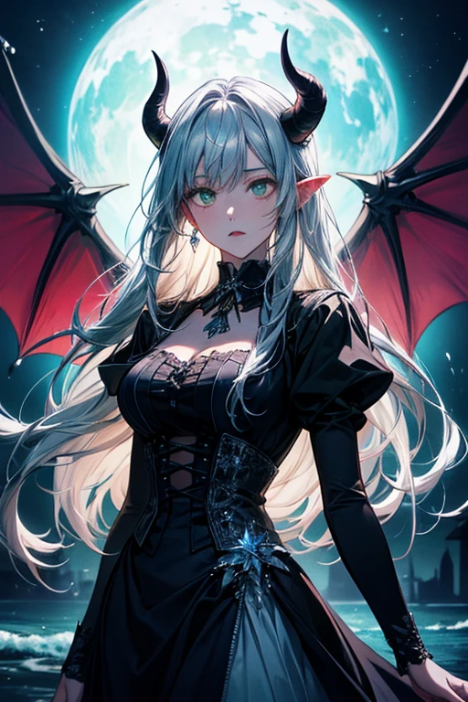 (beautfull woman), (white hair), (Eyes red), (A vampire), (black velvet dress), (series), (super verbose), (high qualiy), (flat hair), (Starry sky).