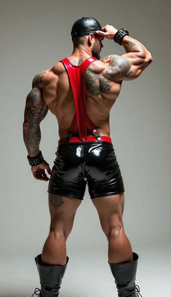 Fullbody standing picture of white skin Handsome muscular nude horny sexy gay man wearing skinny tight shiny red latex ripped tights, shiny black Disconnected Pompadour oiled hair style, blue eyes, shiny varnished black shoes, black belt, red lip, chain, tattoos, horny, cum shot, sperm, milking penis, very big penis, very big testicle, shiny oiled skin, orgasm, oversexed, masturbation, standing at white lighting show room.