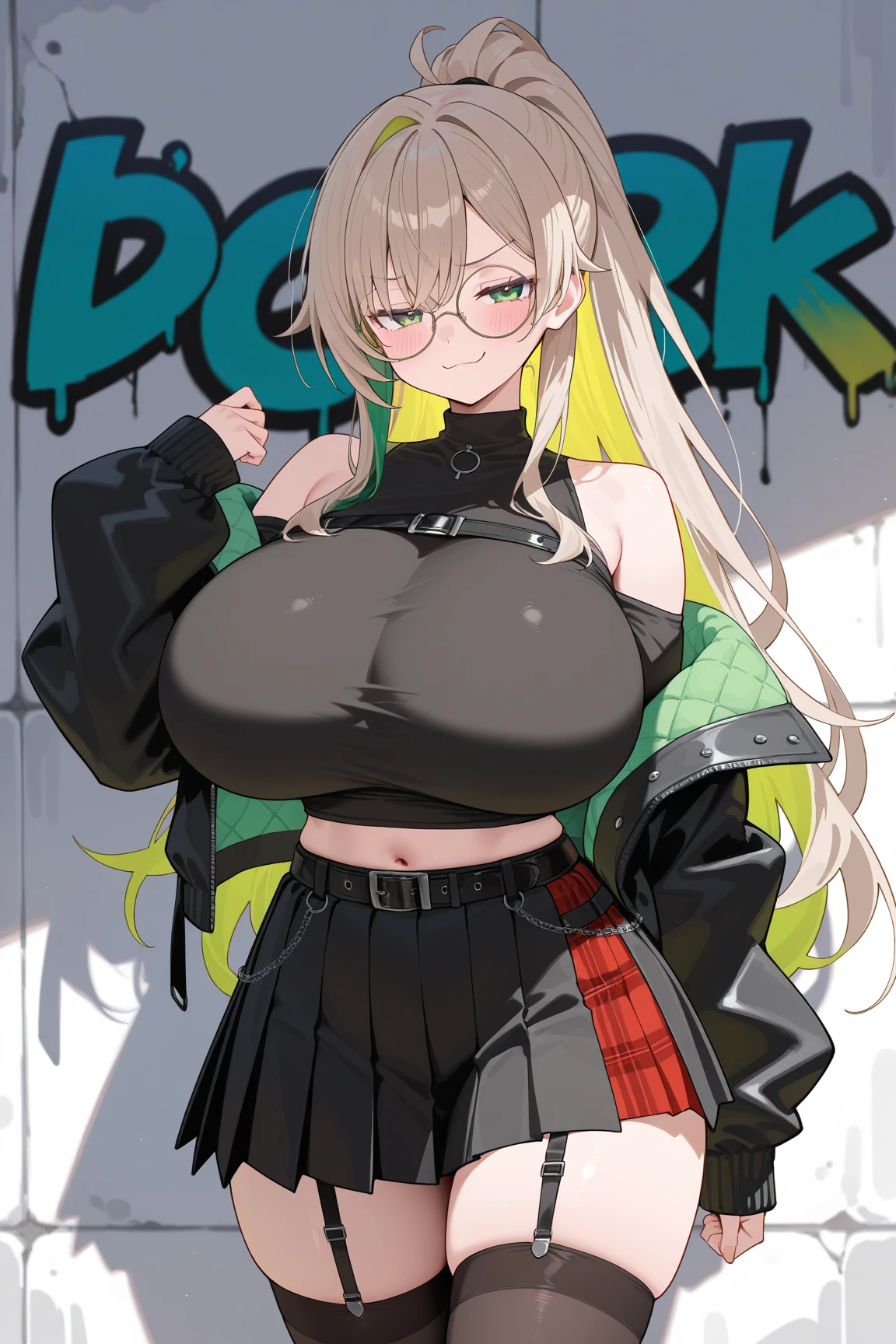 20 year old woman, busty, bubble butt, hourglass figure, skinny, blushing, embarassed, shocked expression, horny, seductive, long hair, platinum blonde hair, wavy hair, wearing cropped biker jacket, white tshirt, cropped tshirt, bootyshorts, tight fitting clothing, in park, anime, flat colors, dynamic pose, heavy make up, kissable lips, red lipstick, ((open mouth)), ((drooling)), ((wet)), ecchi style, hentai, ecchi anime style, seductive,  punk style, punk hair, punk clothing, shuddering, vibrations, shaking, jiggle, vibrator in pants, low camrea angle