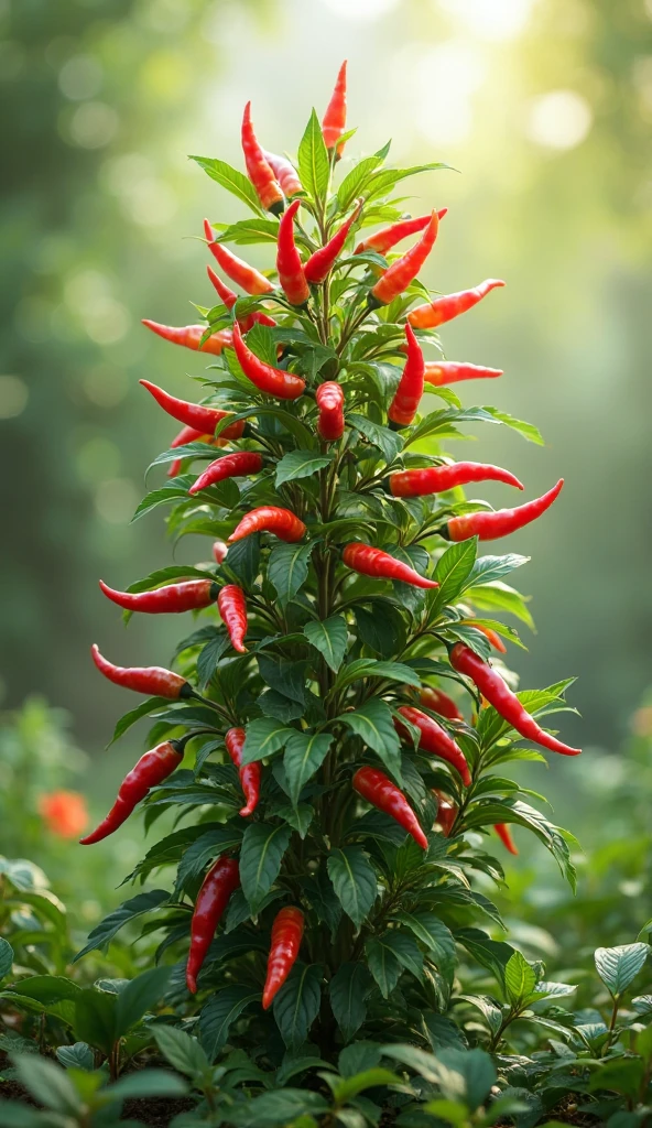 A 2.5D vibrant picture of a Small chilli plant full of ripe fruit