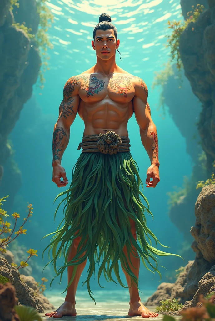 epic movie poster, volcano erupting, award winning (full body:1.3) portrait photo of a (mann:1.2), (seashell men's bikini:1.2), (water god :1.2), tribal tattoos, (wading:1.2) in the pacific (ocean:1.1), arms behind head, (partially submerged shot:1.2), (waves:0.9), desert island background, palm trees, beach,fluffy clouds in the sky, outrun, vaporware, trending on artstation, highly detailed, fine detail, intricate, (lens flare:0.9), (backlighting:0.9), (bloom:0.9), [Style-Micro::10]