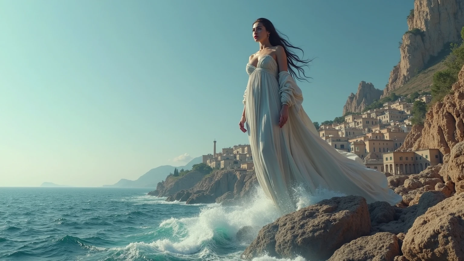 Photorealistic fantasy scene from a dream, mature voluptuous scaredl woman, just waking up sitting in her opulent decorated bed, timid, shy, surprised, tears, her filigree bed outdoors (drifting floating in the ocean), desperately holding on her filigree lace blanket, partially covered, one firm breast exposed, her long voluminous hair blowing in the strong wind, thunderstorm, (rough sea background, strong swell, heavy rain), tears, stunning captivating bright eyes looking at viewer