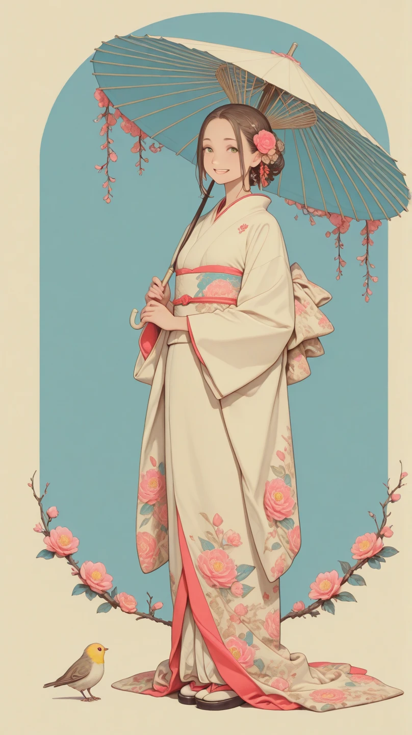 "Create a cute cartoon style drawing, A 7-year-old Japanese girl smiling slightly, Similar to Blythe dolls. She wears a kimono, The brunette is styled as Bob, Dark eyes, Cute little nose, and slender figure. The girl stood facing forward,Hang your hands at your sides, Legs straight, and feet pointing forward."