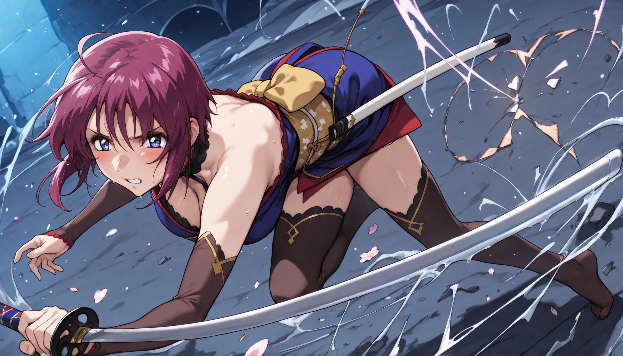 score_9, score_8_up, score_7_up,BREAK,masterpiece, best quality,,amazing quality,source_anime,anime coloring, absurdres,A very detailed and Hi-Res image、lightning crackling around, (beautiful and detailed face),1girl,(solo),(((lunamaria:1.1))),1girl,,(((LunamariaHawke:1.1))),(((purple hair:1.3))),((ahoge:1.2)),(((short hair:1.2))),blue eyes,breakmiyamoto musashi,fate grand order,miyamoto musashi \(fate\),(((high neck,blue kimono,short kimono,japanese clothes,detached sleeves,bare shoulders,Brown elbow gloves,thighhighs, unsheathed,scabbard,break ,Flower-patterned red obi,gold obi cord break))),((lunamaria)),1girl,solo,blue eyes,red hair,short hair,ahoge,eyebrows,quality\(8k, Hi-Res, top- quality, top- quality real texture skin, super realistic, increase resolution,RAW Photo, very detailed, wallpaper, golden ratio,vibrant{{breathing}},full body,(Watery eyes),(closing eyes),{Wet body},(Close-up of a girl:0.7),(((add energy to the scene. Motion Effect))), (Like a subtle blur),bokeh,full body,(nape of neck),,((Pained expression)),(((Sweat:1.4))),(grimace),blush,(holding one sword ,movement, motion blur, dynamic angle,full body, BREAK depth of field, foreshortening, dynamic pose, super wide angle shot, extreme perspective, ,anime wallpaper,light particles, cinematic lighting,Visual impact,dynamic pose,ultra-realism, anime style, dreamy psychedelic anime,Elegant outfit, perfect figure, beautiful , The background is a dark forest clearing illuminated by faint blue light, with falling cherry blossom petals swirling around, adding a sense of elegance and tension,moving,night,outdoor,effect,((reaching one arm front and open palm)),(her softly emphasized by the folds of her loosely draped kimono, wearing her signature red and blue kimono-style outfit from her first ascension),(((the opening still loosely adjusted with no visible bra,fabric naturally concealing her breasts))),dark blue bra under kimono,dynamic pose,dynamic action,Fully detailed sword,
