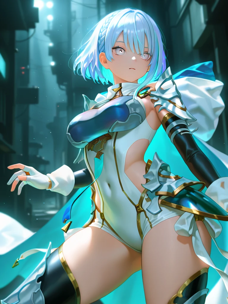 (((From face to the waist view::1. 4))), realistic skin texture, front view::1.0, (((Final Fantasy aesthetic style))) in complex & hyper detailed white fantasy armor (((frost glow effect))), panning photography::1, midnight hour illumination, short white hair & long braid, (masterpiece), best quality, perfect face, 8k