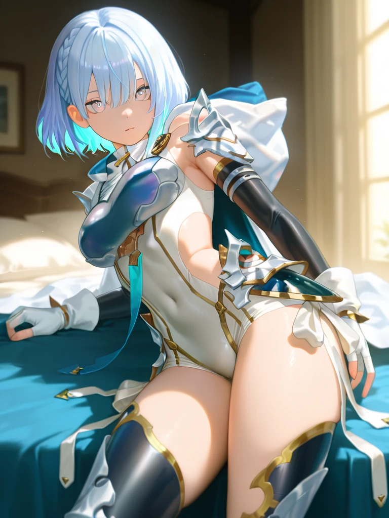 (Highest quality、Masterpiece、Very detailed、4K)、One Woman、17 years old、Silver Hair、short hair、(((beta)))、chest、arm、Beautiful face、((Thighs))、((Beautiful armpits))、((Sleeping in bed))、((((Spread your legs))))