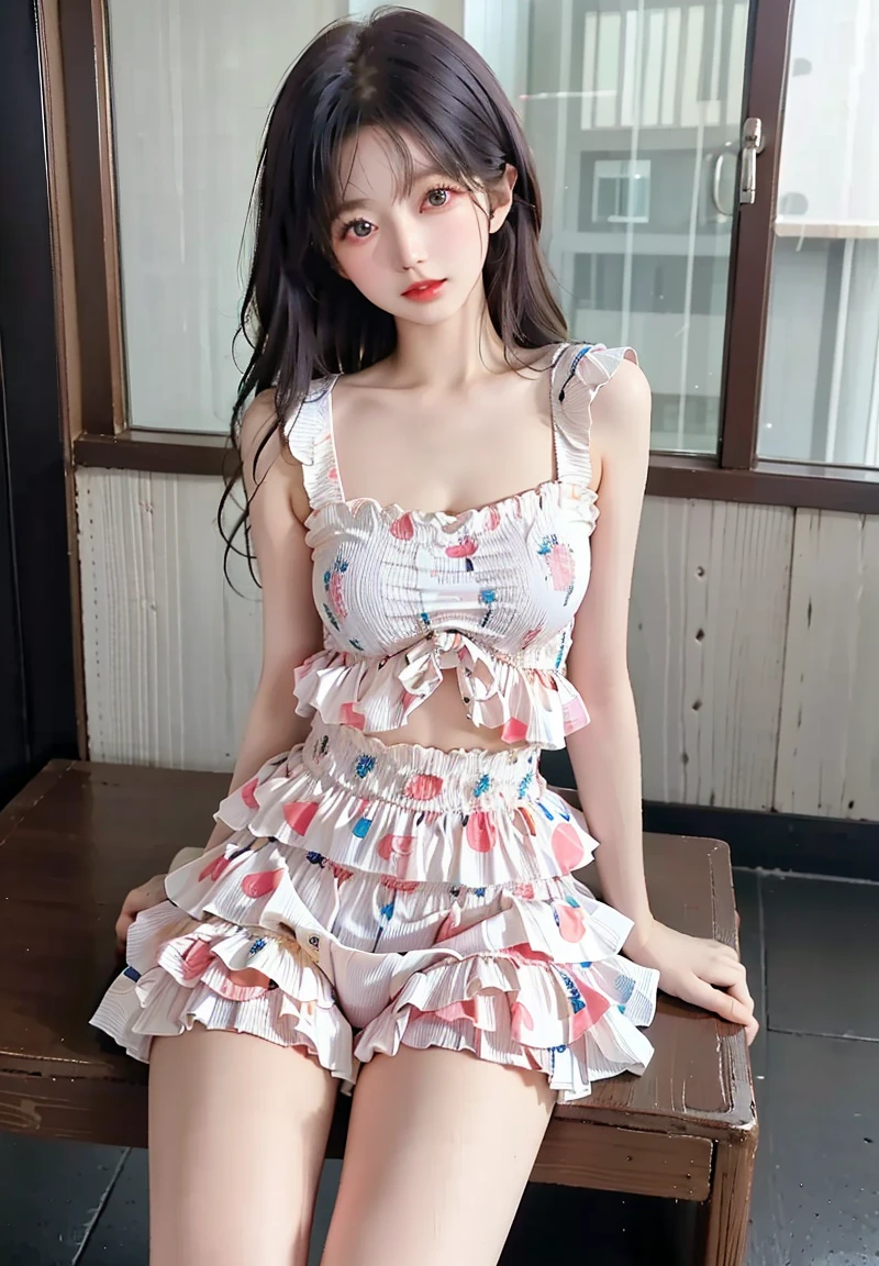 Sweet girl clothes6,print dress,, realistically, A high resolution, 1人の女性, Alone, (Detailed faces), Brown hair, blue color eyes, beautiful boobs , 0p、blend4, (Best Best Illustration: 1.1), (The best shadow: 1.1), Expressing the、Glowing and radiant skin。actual、(真实感:1.37)、(K-pop idol)、messy hair、Medium hair、(pink blush)、(illuminated)、(独奏)、dynamicposes、A plump chest、cleavage、(lean legs)、The content is very detailed、超A high resolution, 超actual, The content is very detailed