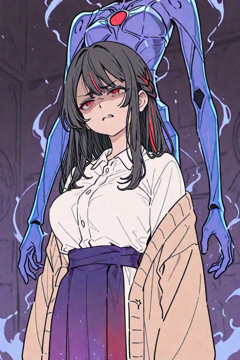 (ageha:1.4), in burning magical library, burning books, fire, monstergirl, by Ray-kbys, unusual eye, extra pupils, extra arms, tentacles, item, simple background, (ominous red glow:1.3), glowing lines on armor, enchanted armor, (cursed armor:1.2), evil armor, horror \(theme\), upper body, black plate armor, coat, by artist, absurdres, intricate detail, shadows, night, darkness