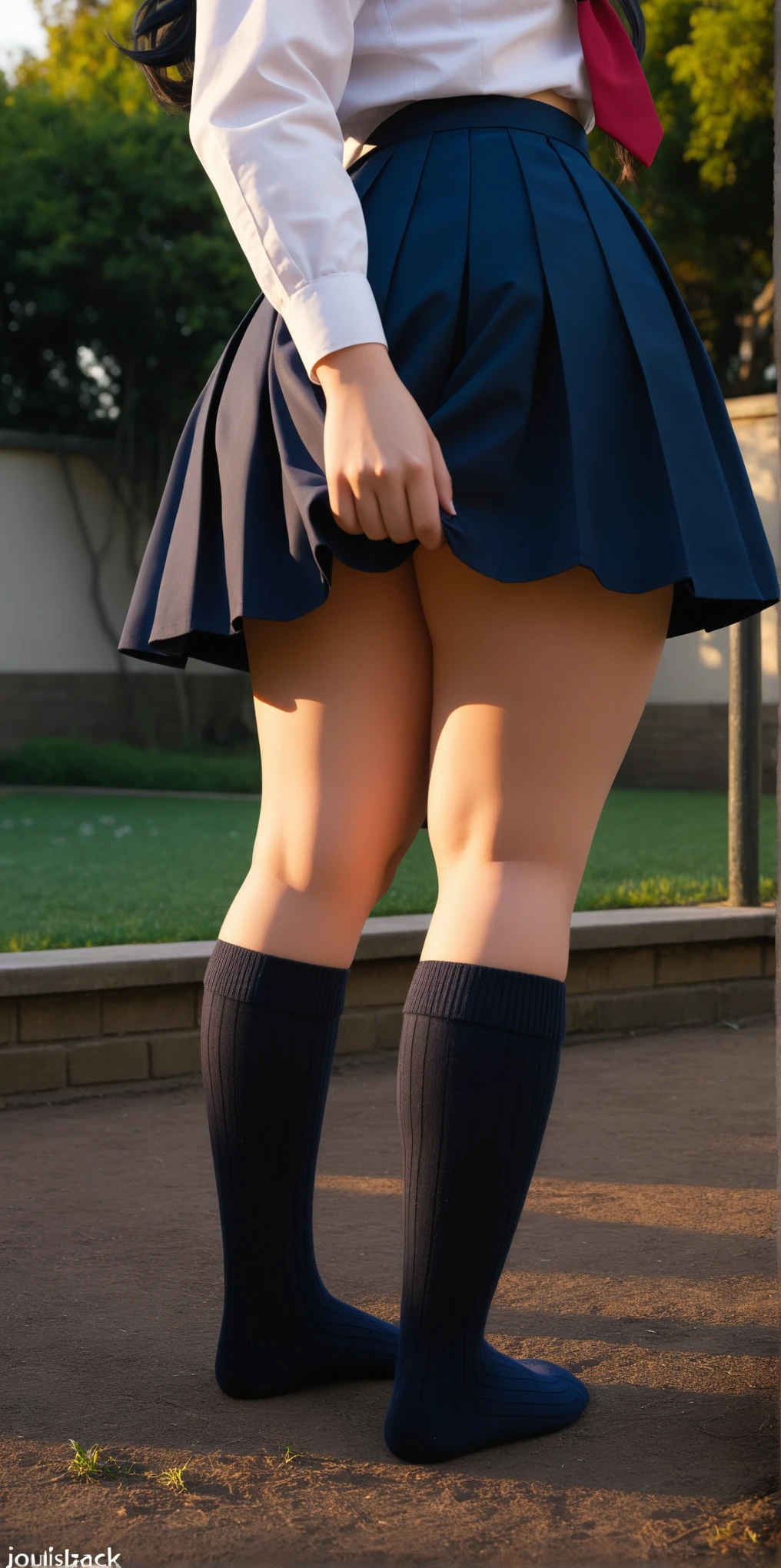 masuter piece、hight resolution、Photorealsitic、Beautuful Women、28 year old、Shot from behind、Rear head、don't watch the viewer、(Close up of butt in skirt:1.5)、(Long dark blue pleated skirt:1.3)、(The wind lifts her skirt:1.2)、windy day、