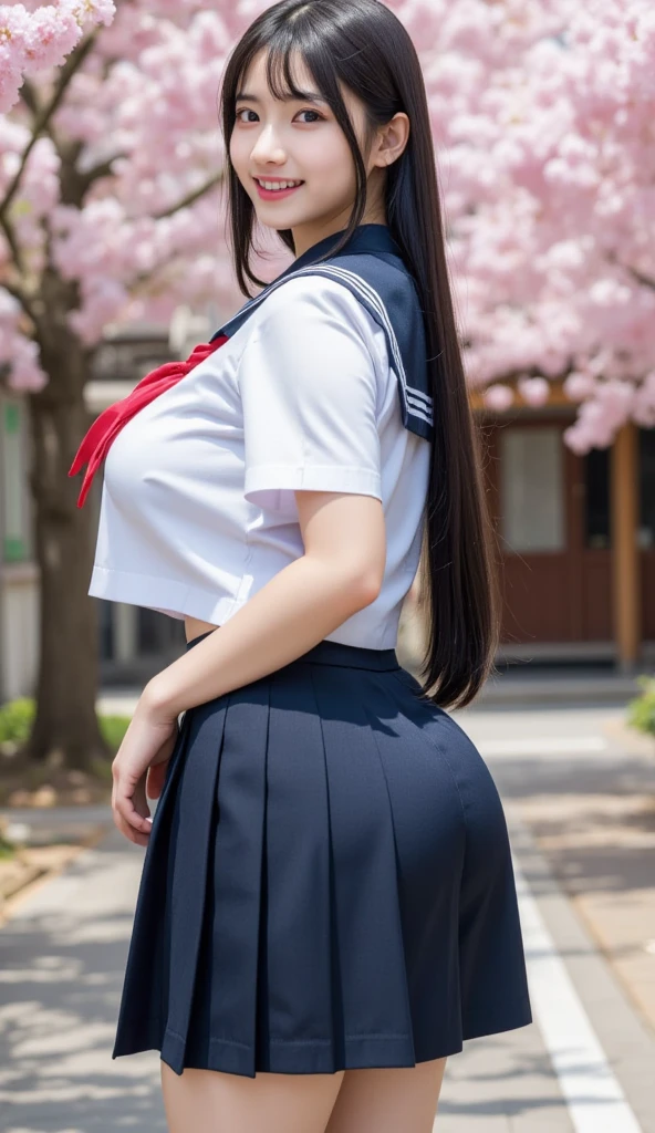 High school girl, sailor uniform, black legging pants, thick thighs, super wide crates, huge breasts, gigantic, big ass