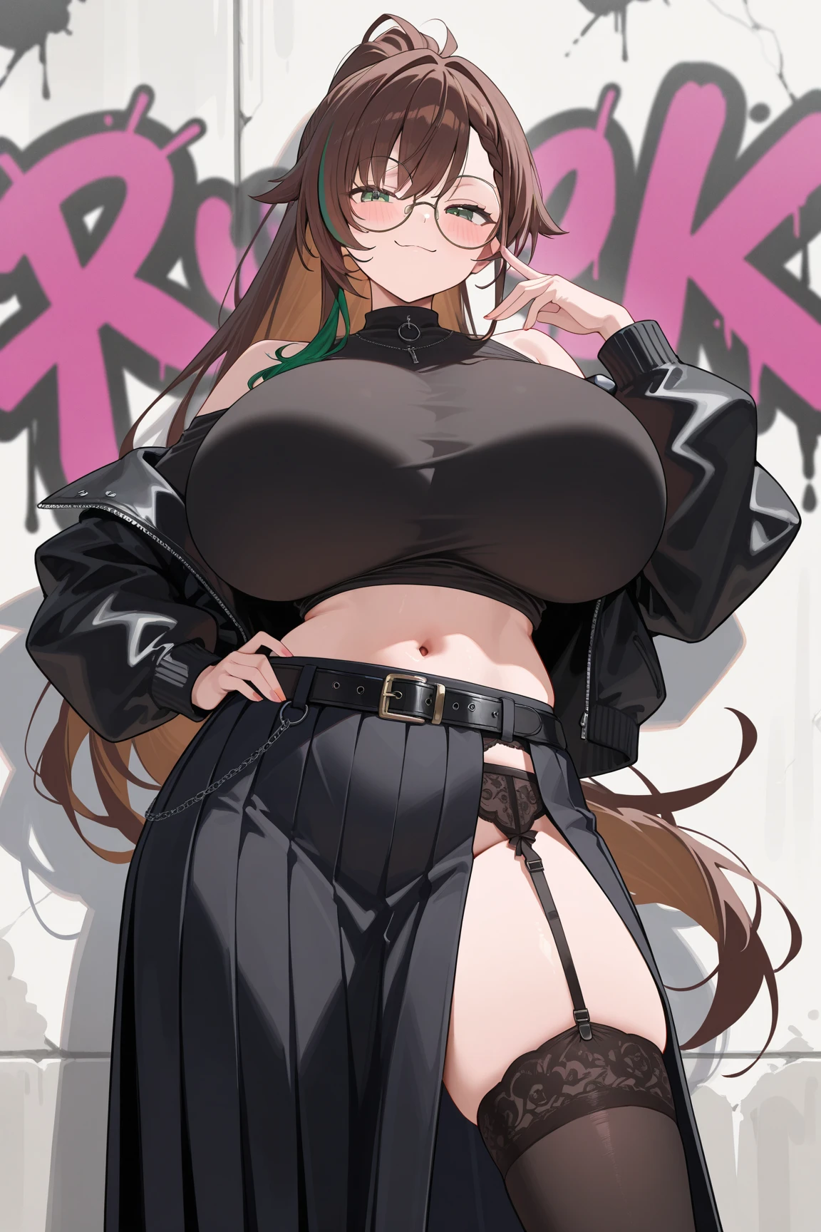 venusbody,1girl,solo,(huge breasts:1.1),gigantic hips,wide hips,thick thighs,(huge thighs:1.3), slim waist,tube top,microskirt,smile,happy,open mouth,thighhighs,very long hair,short hair,brown hair,(Dark skin:1.4),blonde hair,forehead,looking at viewer,outdoors,collar,glasses 
