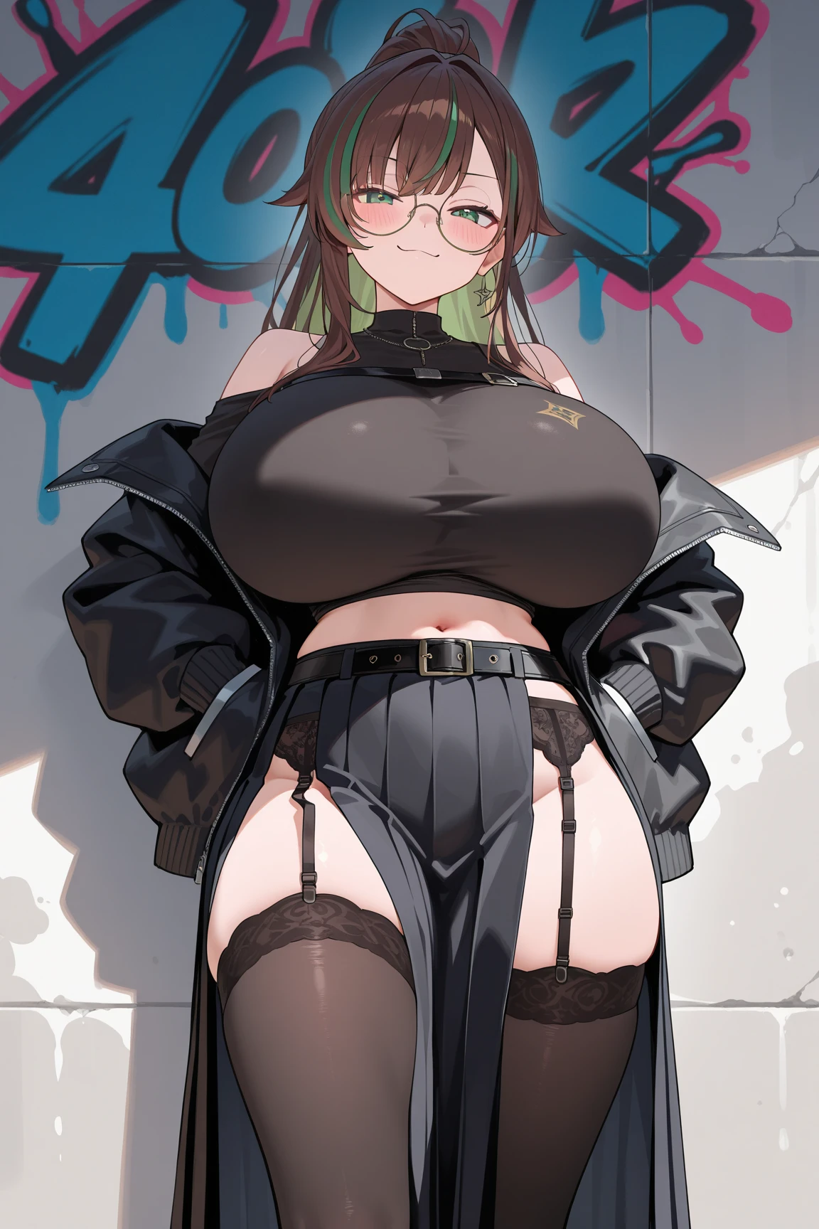 (masterpiece), high-definition, korean girl, big boobs, big hips, messy dark purple hair, orange eyes, crop top sweater, jacket, shorts, belt, thong, thigh high stockings, boots, fishnet, balcony, leaning on the railing, sunset