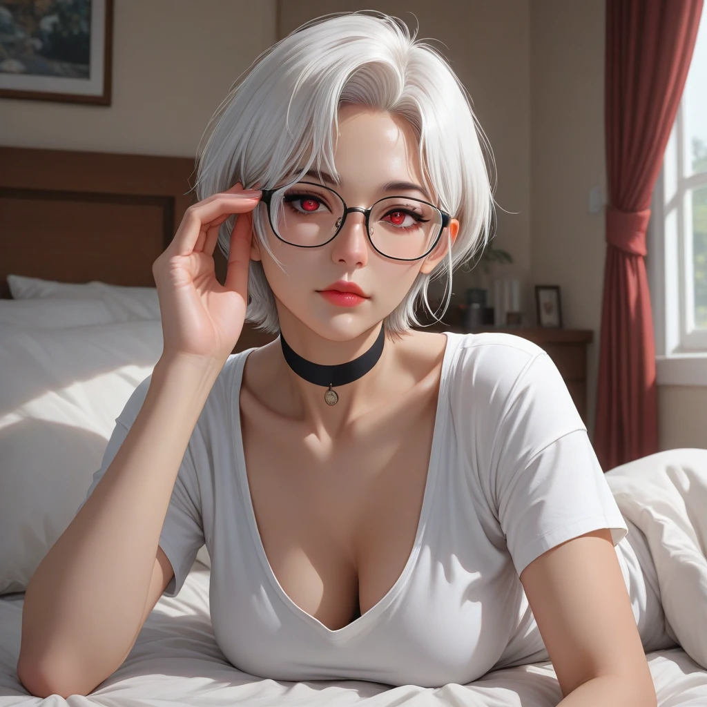 Sweet expression, Lying down, White glasses, Short white hair, (8k, original photo, Reality:1.25) ,( Lip Gloss, eyelash, Bright face, Glowing skin, best quality, Ultra-high resolution , Depth of Field, Chromatic Aberration, Caustic lines, The width light, Natural shadows, Hallyu idol) Look at the audience with calm and goddess-like happiness, whole body, Large Breasts, White lingerie, black, Transparent shirt, White shirt, secretary