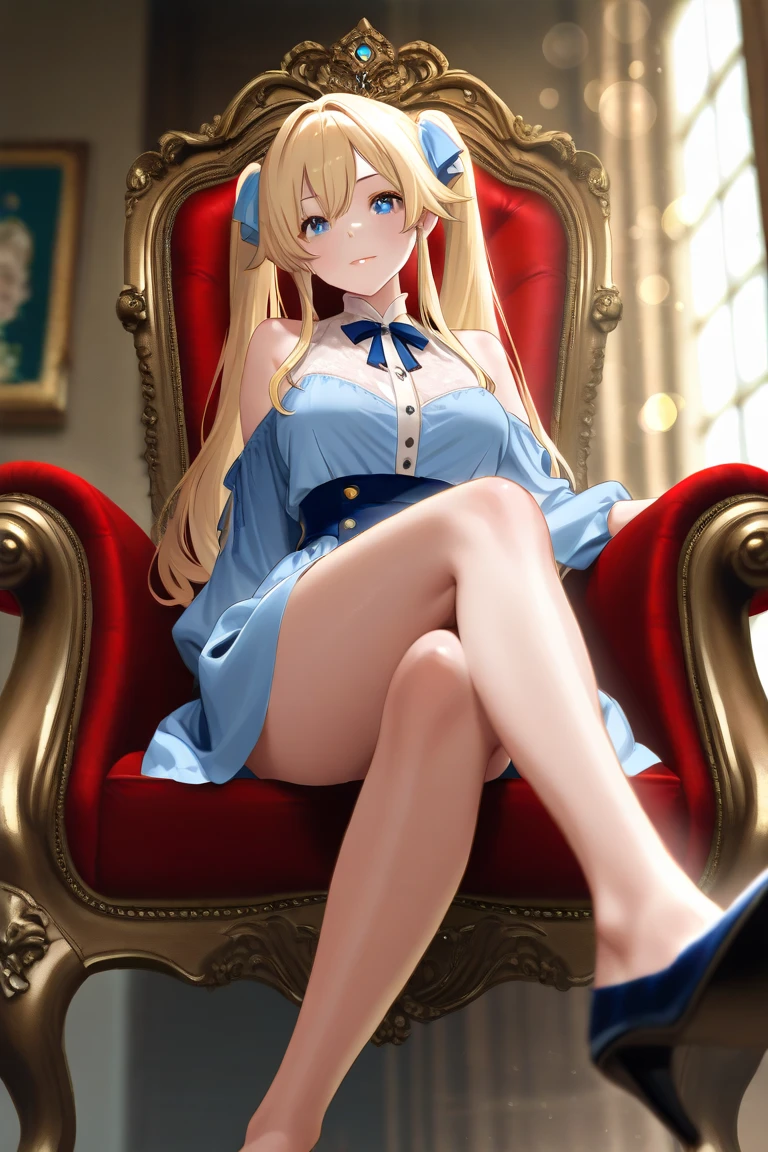an cartoon painting of a women in underwear on a couch with lights surrounding her, 1girl, breasts, solo, blue eyes, sitting, large breasts, hair ornament, cleavage, jewelry, thighhighs, flower, looking at viewer, crossed legs, earrings, smile, hair flower, bare shoulders, thighs, white thighhighs, blonde hair, dress, choker
