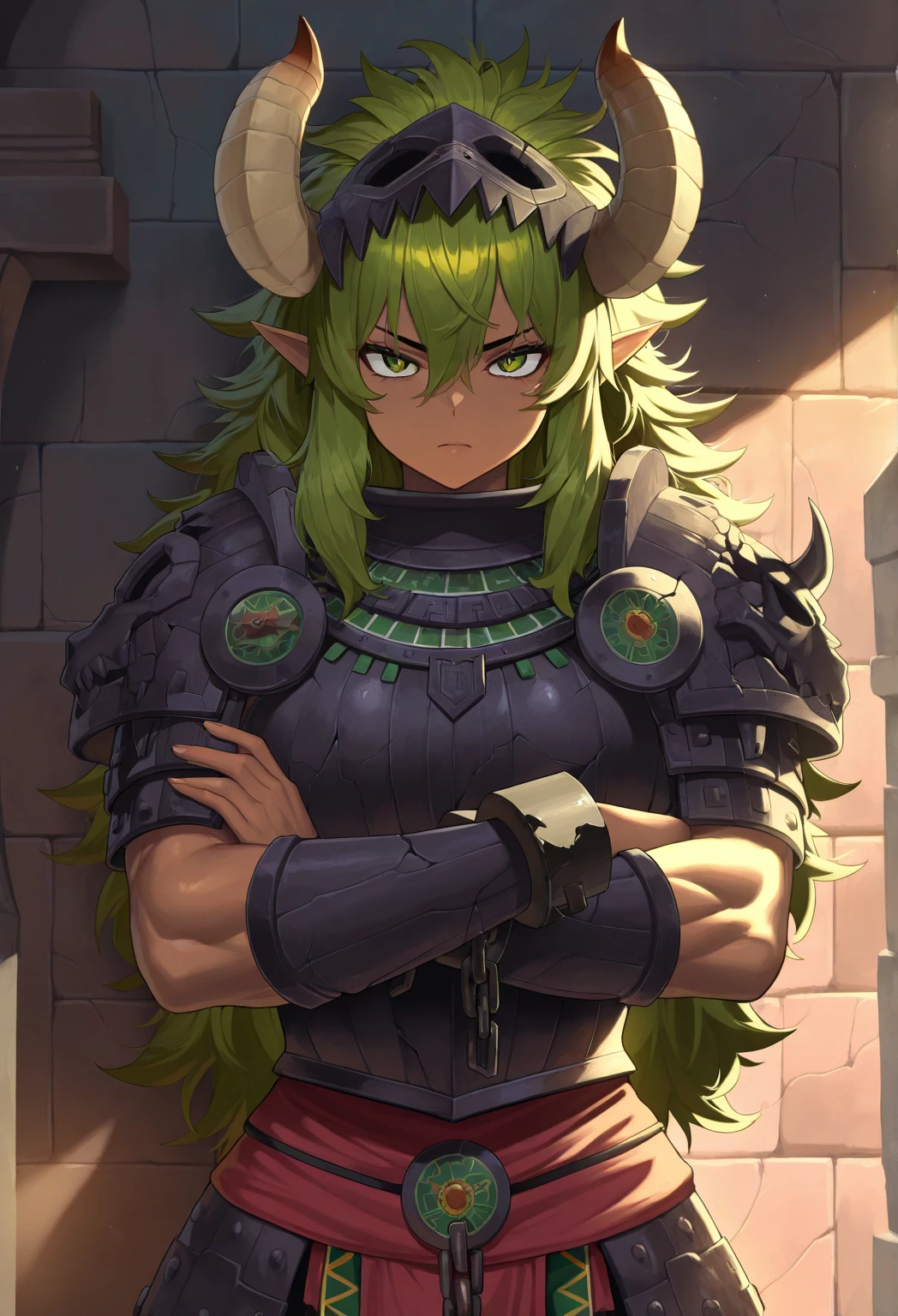 (Masterpiece, best quality, highres, portrait) {{Artist: Sincos}} 1 orc woman, mature, solo, 38 years old, muscular, strong, green skin, short sharp ears, huge breasts, abs, sharp eyes, green eyes, red hair, lips, messy hair, taller than camera, crossed arms, grinning, tribal, tribal bra, stone brick walls, looking at camera, medieval fantasy.