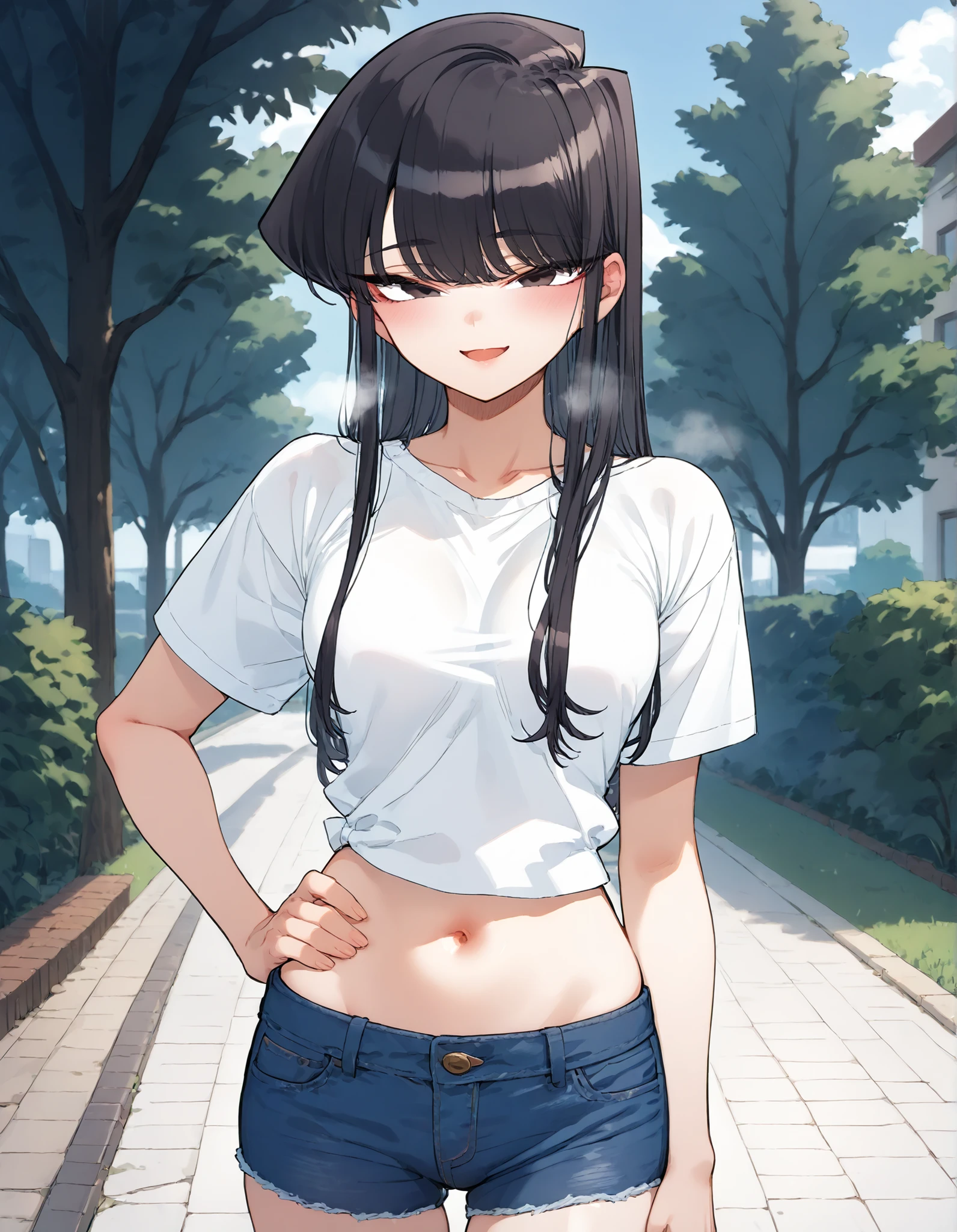 score_9, score_8_up, score_7_up,anime coloring,ultra-detailed,official art,best quality,good quality,BREAK,(nsfw:1.5)1girl,solo,komi_shouko, black eyes, black hair, long hair,BREAK,(denim hot pants,tight,Open the fly,lower ),(low-rise:1.5),(hip-hang:1.5),summer style clothes,BREAK,blush ,evil smile,((((in heat,aroused)))),BREAK,standing,(dynamic action),BREAK,outdoor,park,cowboy shot,looking at viewer,front view