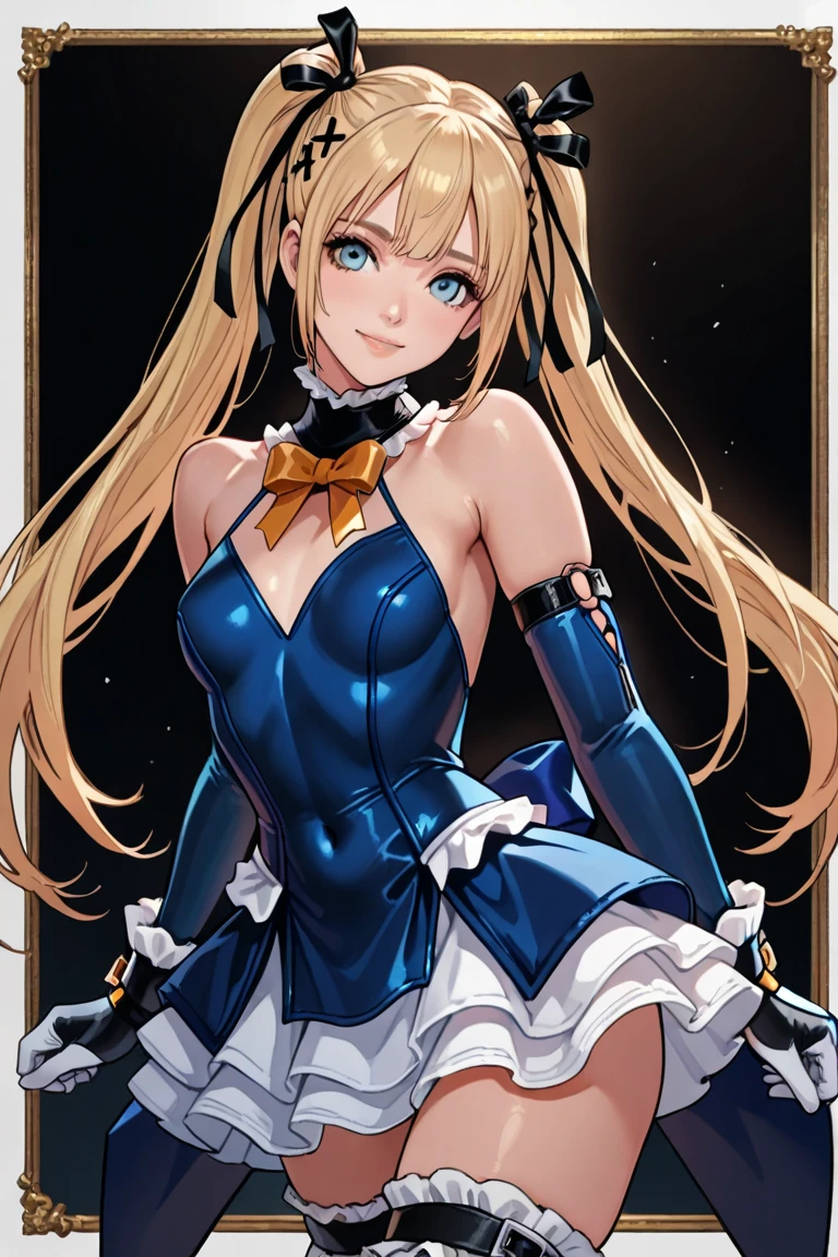 dark magician girl, pantyhose, strapless leotard, bunny ears headband, bowtie, wrist cuffs, bunny tail, beautiful face, blonde hair, smiling, highly detailed, HD
