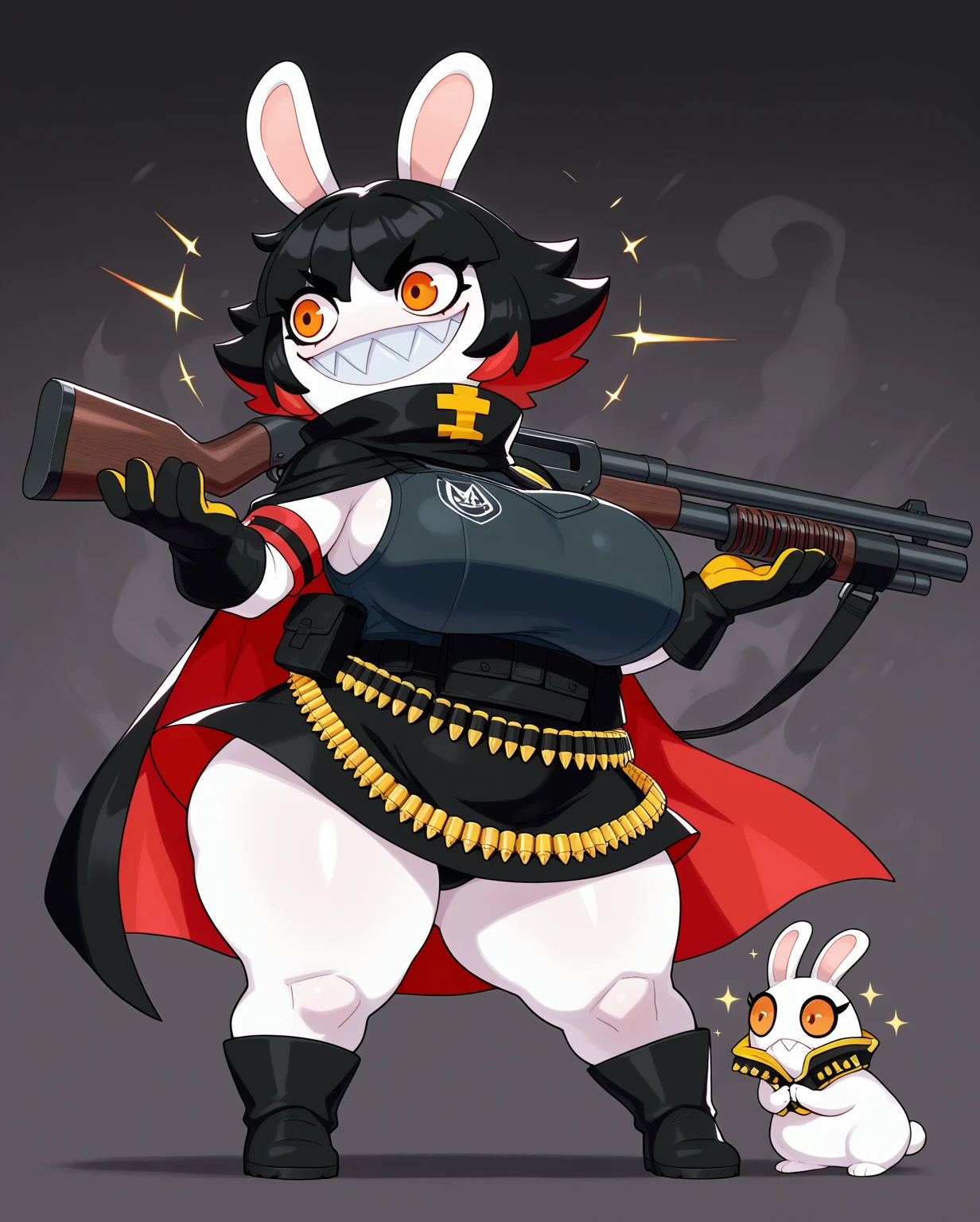 blazblue, furry Black cat female, big eyes , huge butt ,thighs , Holding shotGun , Black body , Original character ,underwear,high heels , mini skirt ,Tongue out