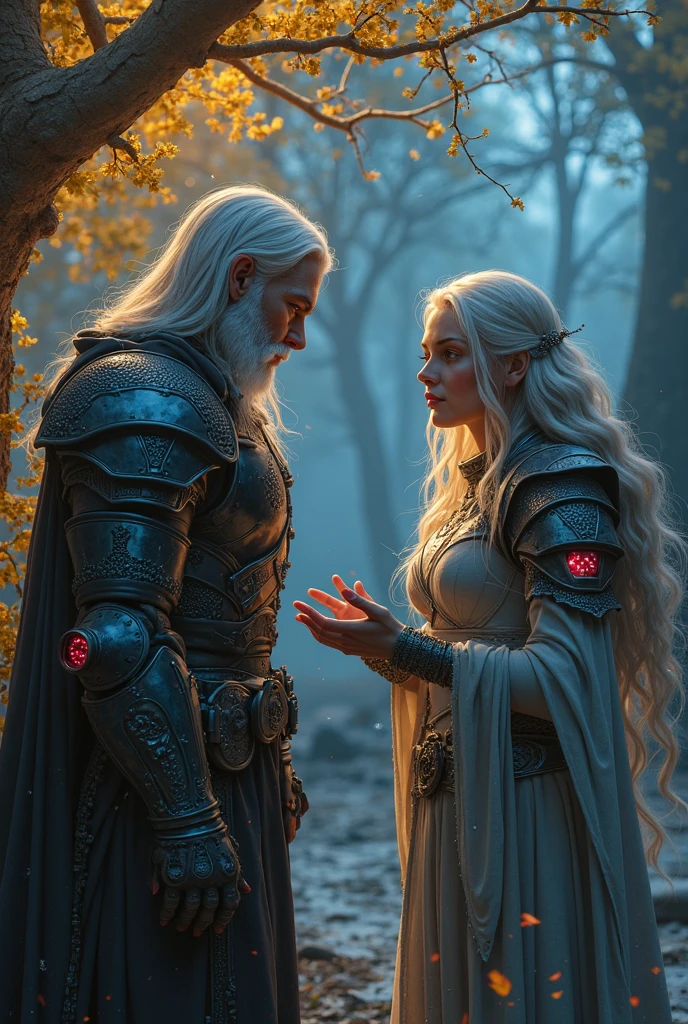 a medium close up of a man with a beard and a cryptic girl with Purple White Gradient Long Hair, Indifferent, Kind. man has scar on face, wearing detailed armor,  unreal 5, sci-fi Cryptic Star,, rpg portrait, epic fantasy art style hd, medieval fantasy game art, fantasy game art, 8k high quality detailed art, cover game art, epic fantasy digital art style, artgerm ; 3d unreal engine, 4 k detail fantasy, epic fantasy art style, (best quality,4k,8k,highres,masterpiece:1.2),ultra-detailed,(realistic,photorealistic,photo-realistic:1.37), (full body shot:1.2), Cinematic Hollywood Film style, stvmccrr