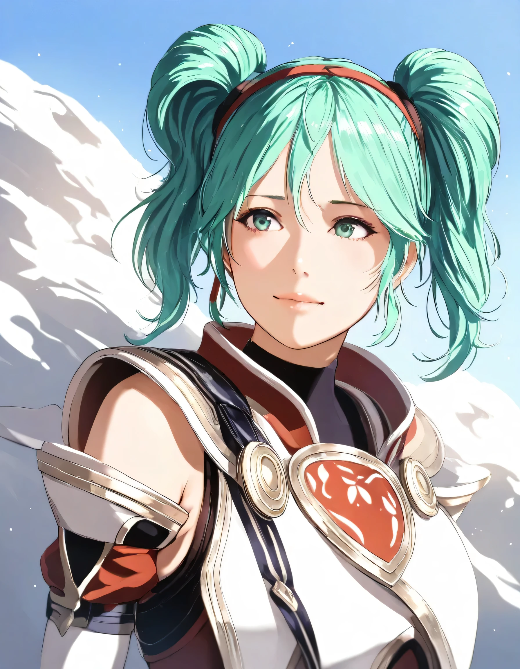1girl, quess paraya, fire emblem, year 2019, upper body, Fire Emblem Echoes, What Lies at the End, blue sky, masterpiece, high score, great score, absurdres, 16k, Ultra detailed, (photorealistic : 0.5)