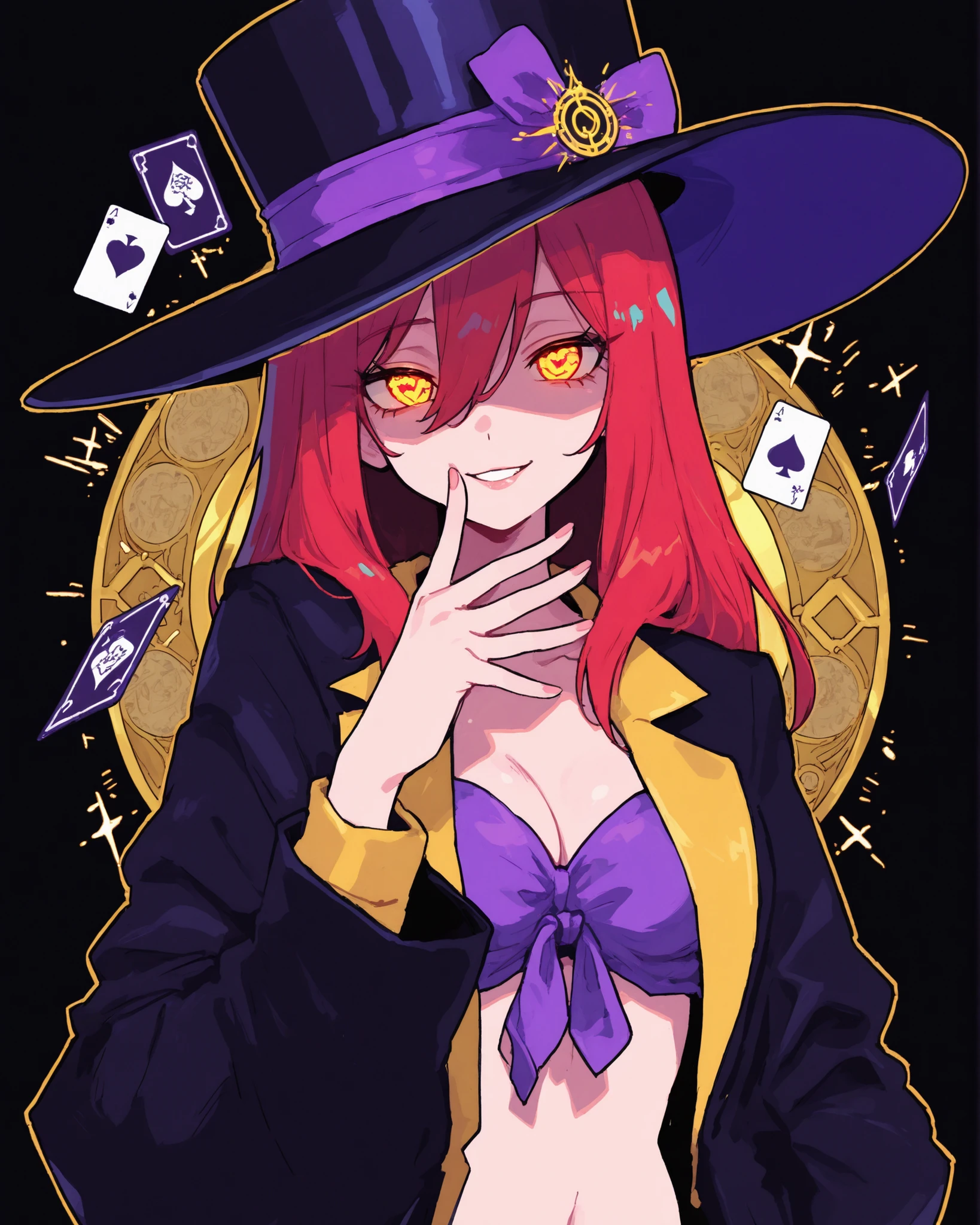 red-haired female character with glowing clock eyes, mischievous and hypnotic expression. She is throwing glowing playing cards into the air, which float around her in a circular pattern. Each card shines with magical symbols and faint golden sparks.
Her look remains the same: elegant coat, purple-ribbon top hat, and stylish vest.
Waist-up portrait, minimalist light background. High-quality anime style, vivid, mysterious, and playful energy.