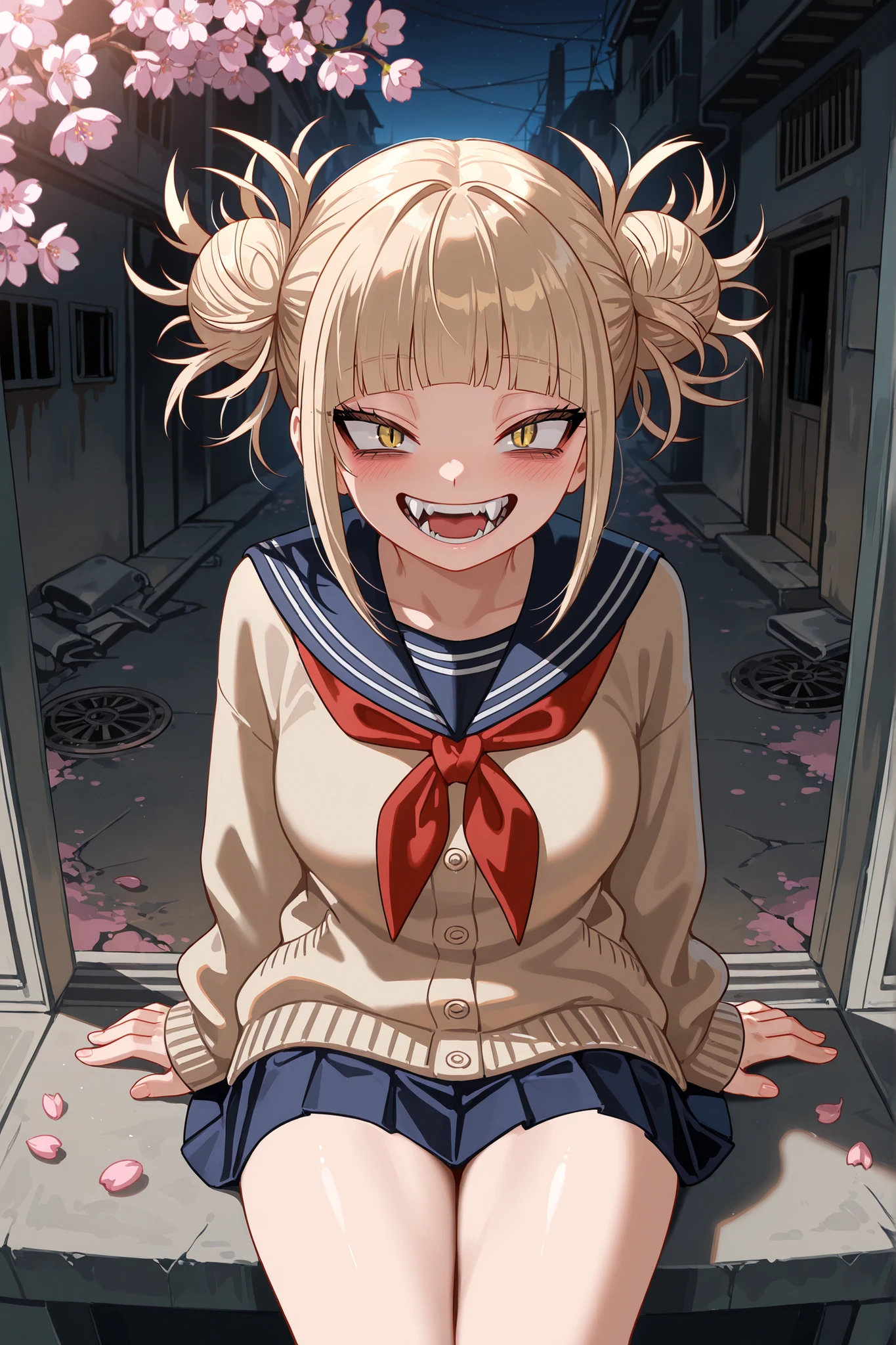 Masterpiece, Best quality, Amazing quality, Solo girl, Solo, Street, Outdoors, Cherry blossoms, Cowboy shot, Glossy skin, Perspective, Toga Himiko, Yellow eyes, Slit pupils, Bags under the eyes, Blonde hair, Side locks, Short hair with bangs, Squinted eyes, Double bun, Odango hair, Messy hair, Brown cardigan, Blue sailor uniform, Red neckerchief, Mini skirt, Blue skirt, Pleated skirt, Black socks, Brown shoes, Sitting, Dark room, Night, Happy, Fangs, Abandoned building, Silence,