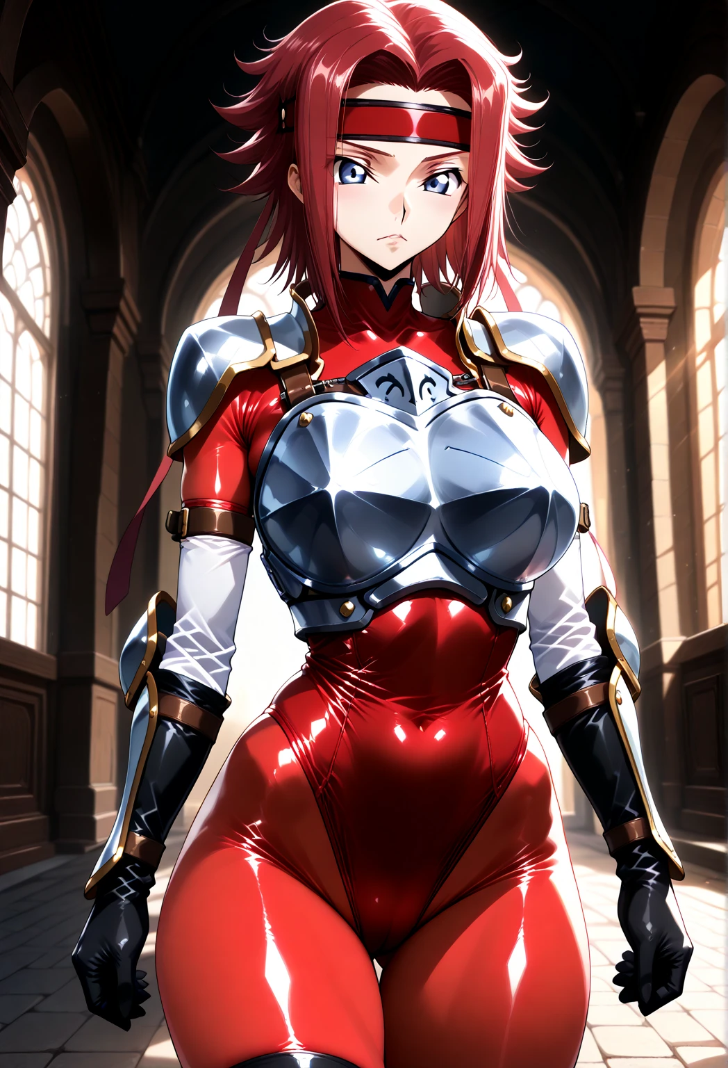 Nishikino make love live, purple eyes,red hair, medium hair,(silver armor:1.2), red latex microskirt, big breasts, underwear visible, blushing, thick body, skin tight, standing, thighs , looking at viewer,after sex