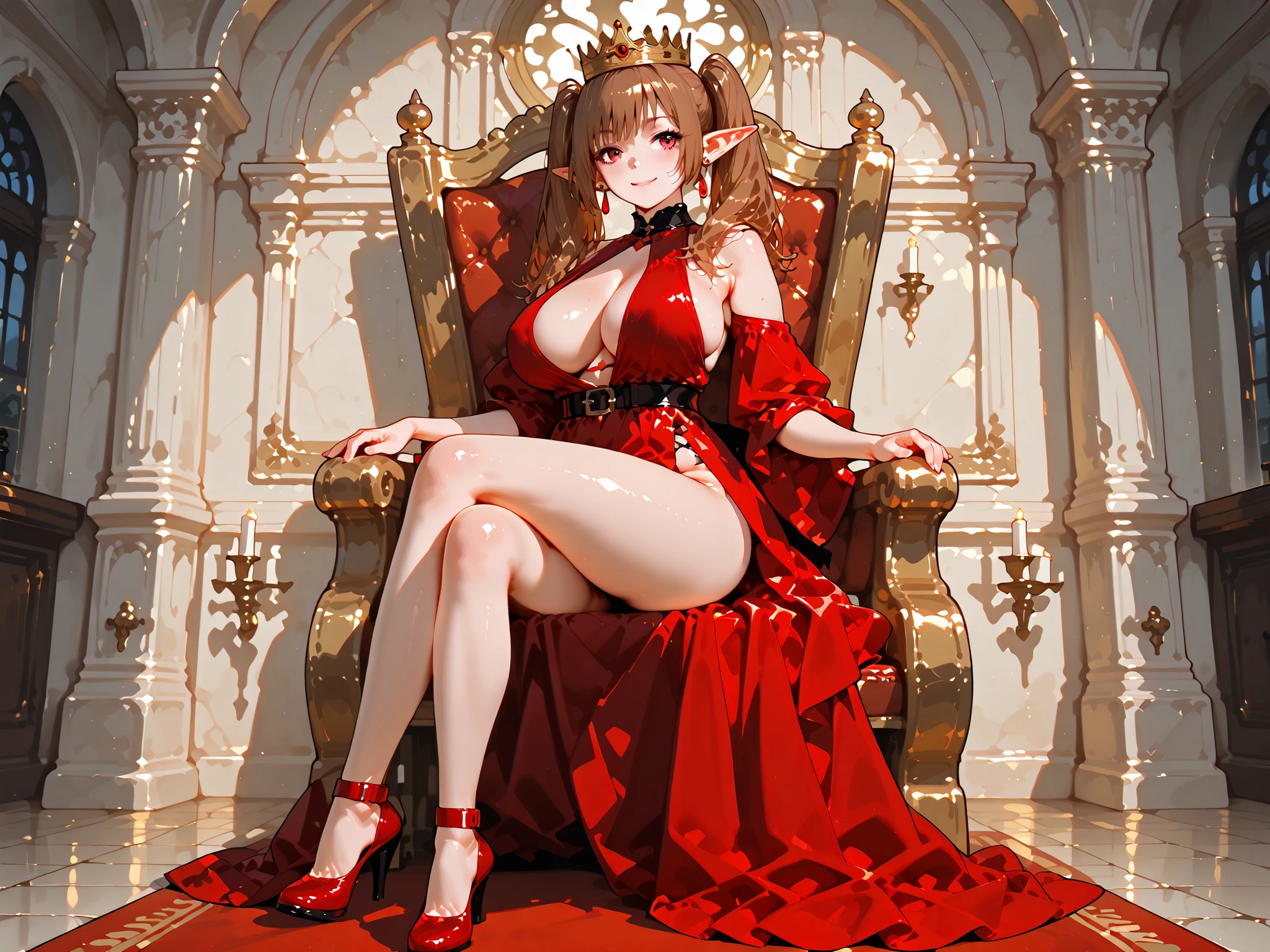 Create an image of Yang Guifei, the famous Chinese imperial consort, in an intimate and sensual setting. She should be depicted in elegant and luxurious traditional Chinese undergarments, featuring intricate silk designs with delicate lace and embroidery. Her long black hair flows gracefully, contrasting with the soft fabric of her attire. Yang Guifei is reclining on a sumptuous chaise lounge, surrounded by opulent elements such as silk drapes, ornate screens, and delicate flower arrangements. The background should evoke a sense of serene luxury, with soft, warm lighting that enhances her beauty and creates an intimate atmosphere.(((Red hair)))、(((In underwear)))、(((Leg spread)))