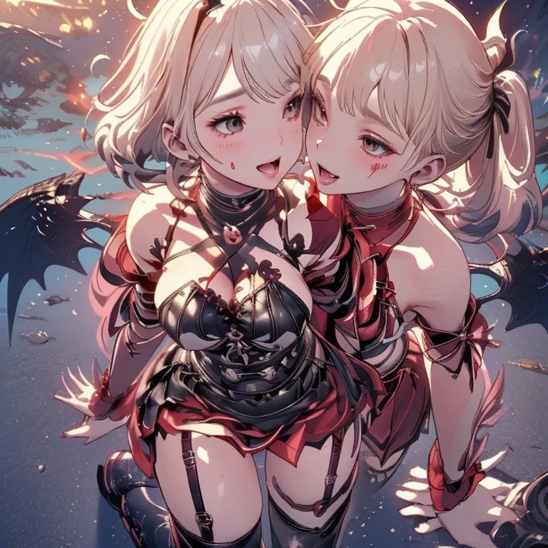 His chest was covered in blood、Anime girl with blood dripping from her chest, gapmoe Yandere grimdark, Devil anime girl, Shatia Bradfren, Bad guy anime 8k, Yandere intricate, portrait gapmoe Yandere grimdark, Vampire Girl, bloody + Concept Art, Yandere, Anime style 4k, Open mouth and bite，Blood at the corner of mouth，Tiger Teeth，Devil Wings， Gothic girl anime long skirt，Red Moon，castle
