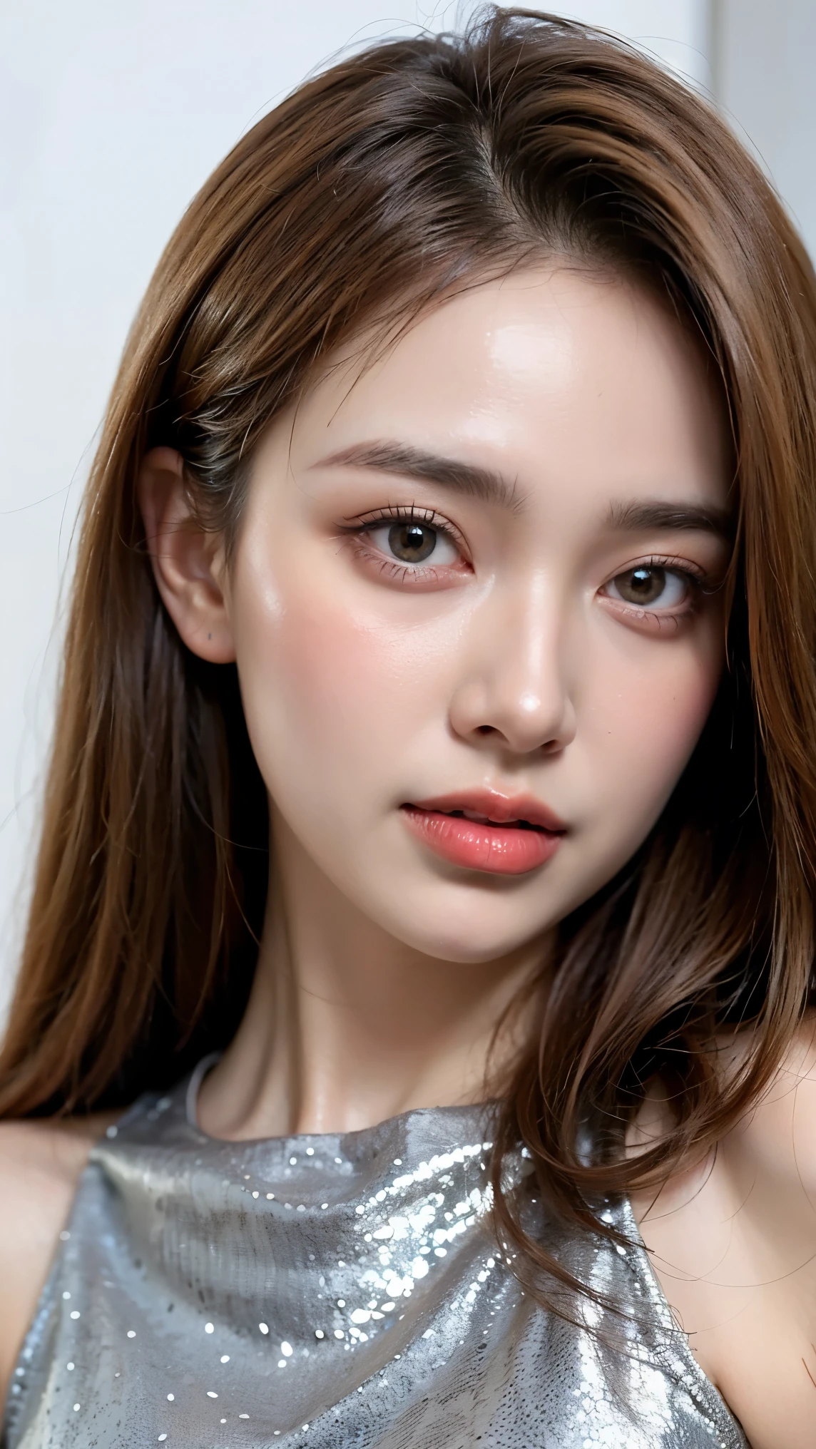 Front view, Best quality, masterpiece, Photo of a beautiful 22 years old woman, grey big eyes, clean pale skin with pink cheeks, brown eye shadow, pink lib, shiny brown long hair, white background, upper body framing shot