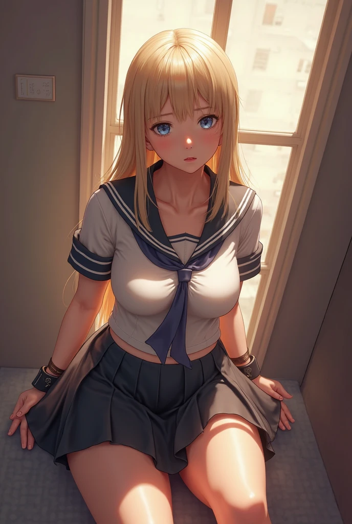 ((Correct Anatomy)),(Go up the stairs),(Female student),((school uniform)),((Short sleeve)),(Mini Pleated Skirt),(((Black Stockings))),((Lace panties)),(Low - Angle),((School stairs)),Ultra-high resolution,Mature Woman, Mature Woman, Very detailed,Sunburned skin,Brown Skin, (Big Breasts),((Beautiful feet)),Perfect hands, Detailed fingers, Beautiful details, ((Long blonde hair)),((ponytail)),Black Choker, Earrings,Perfect Eyes, Captivating eyes,(open-chest)