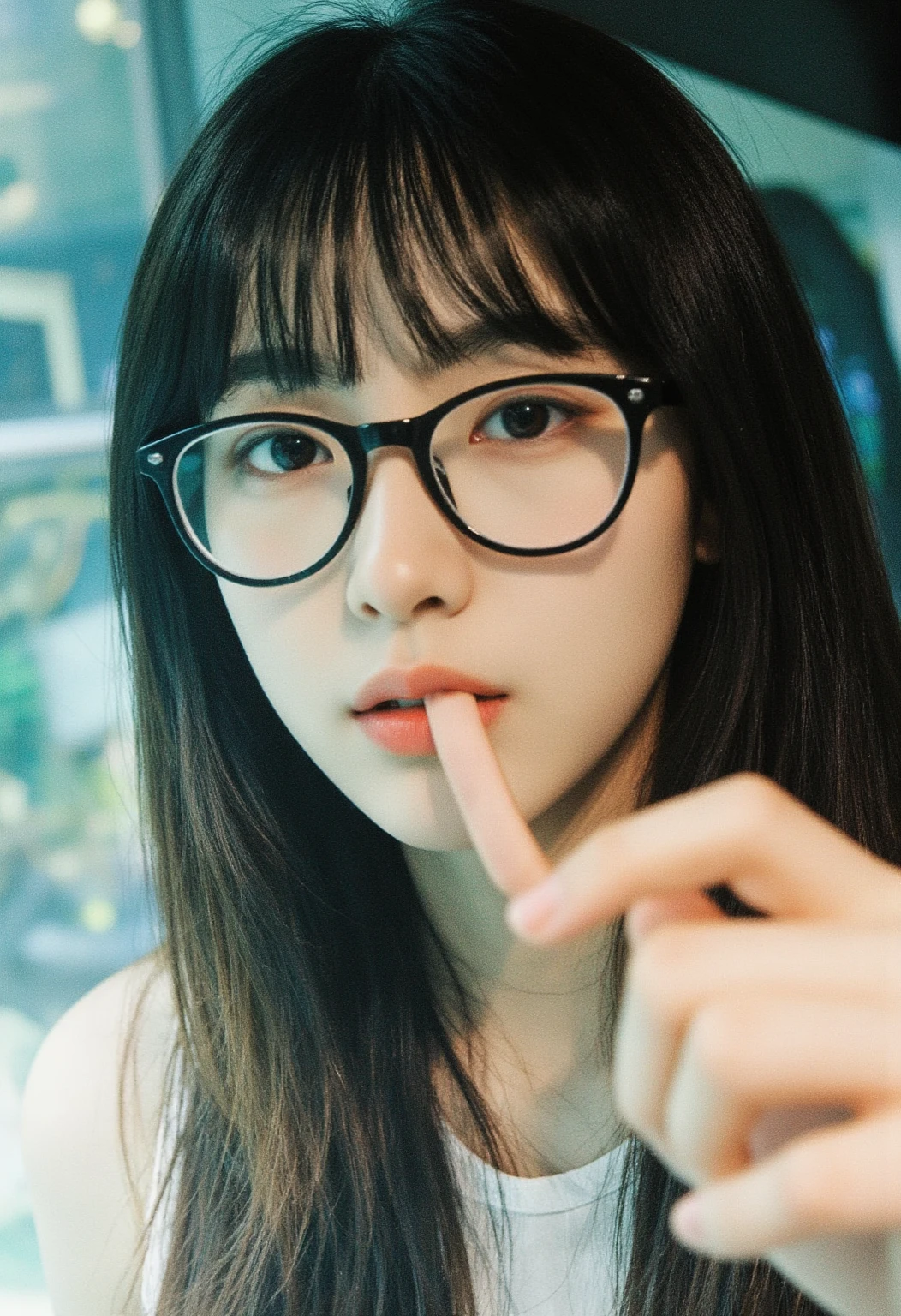 (masterpiece, highest quality, High resolution simple 35 year old Japanese woman, Wear glasses, Beautiful long shiny black hair, snappy bangs, Shining Face, Shiny skin, Written boundary depth, chromatic aberration, Caustics, natural shadows, kind, smile, Small devil,Cute face, Thighs, Film Grain, chromatic aberration, Sharp focus, Face Light, Detailed face, Background blur, Huge breasts, Slender body, Feminine and understated outfits for spring, Flushed face, He is sticking out his tongue and licking a transparent, invisible tube with gusto., Squat with your legs wide apart,I can see my crotch, Pee, urinating,Back alleys of Shinjuku at night, Full body portrait, Photographed from the front