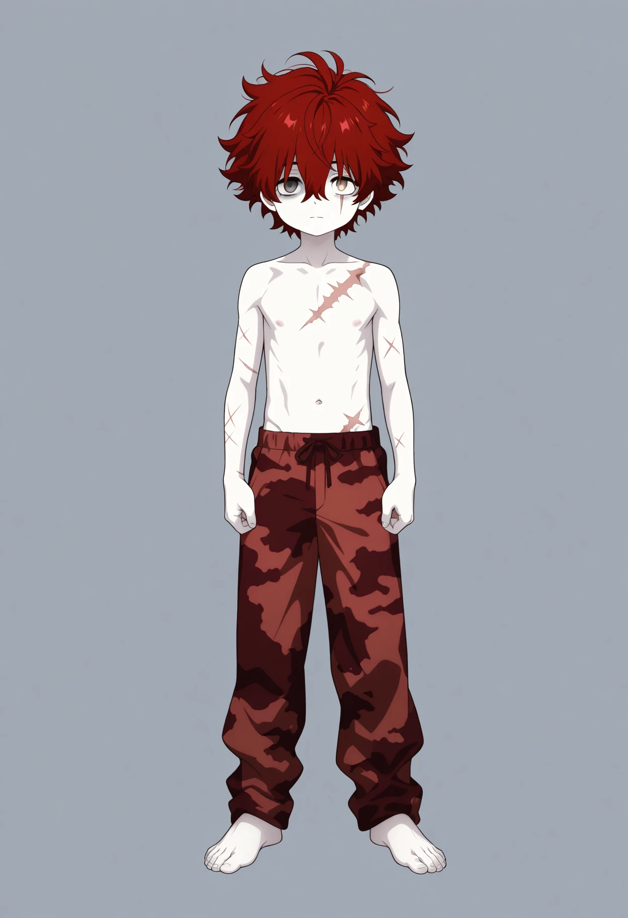 score_9, score_8_up, score_7_up, source_anime, BREAK by ikuchan kaoru, iku, clean color, flat color, 1boy, ((shota)), solo, indoors, crop top, hair over eyes, shaggy hair, fangs, ginger hair,medium hair, messy hair, unkempt, pimples, bedroom, messy bedroom, Unkempt bedroom, dirry clothes on ground, frustrated, annoyed, standing, bulge, night, night time, after dark, goth boy, ((pimples))