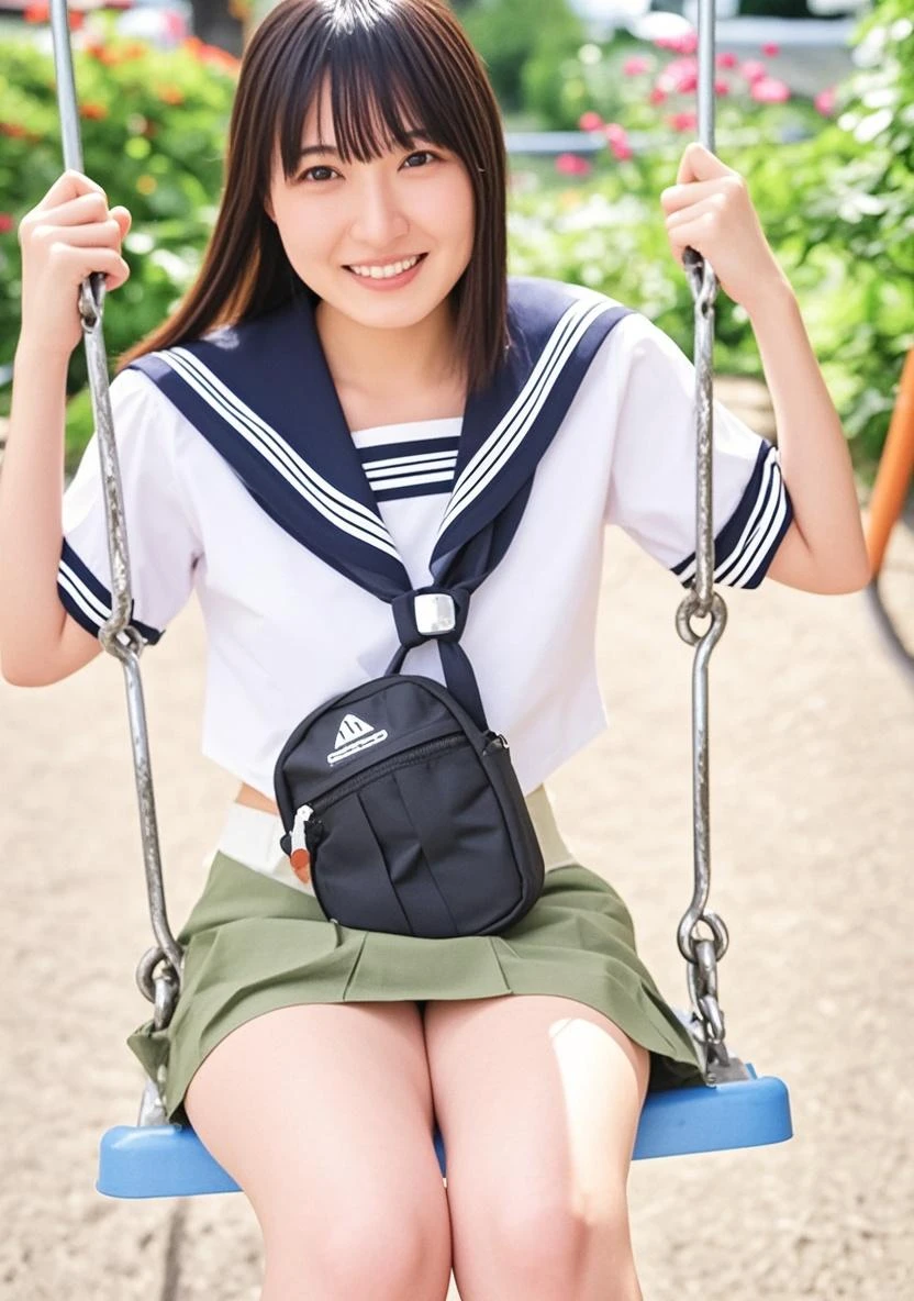 masterpiece, Highest quality, High resolution,8k， 1 hair clip, Tokiwadai School Uniform Photorealistic,Several wind turbines can be seen nearby..、blue sky、smile、Roll up your skirt to show your underwear、Pure white panties、Grey Skirt
