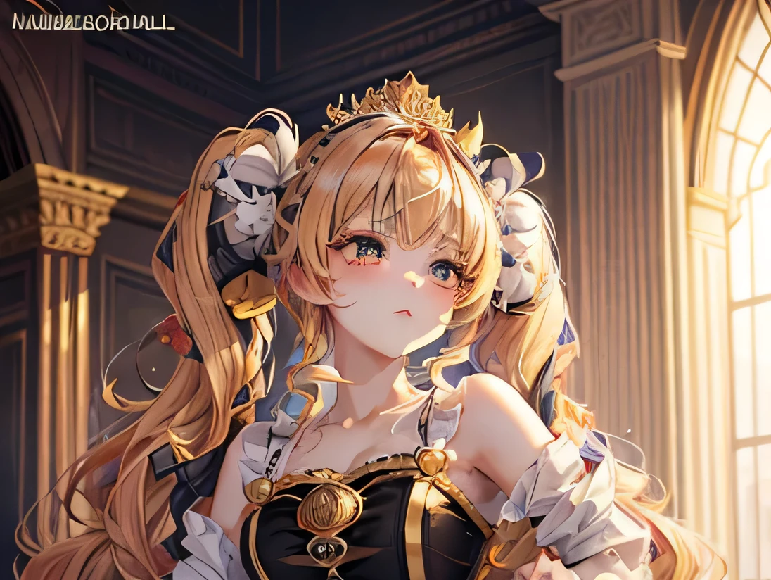 (full color,Fine),((twin tails,Voluminous Hairstyle,two-tone hair)),Queen,crown,((Royal Palace,Luxurious Namaza)),beautiful woman,strong