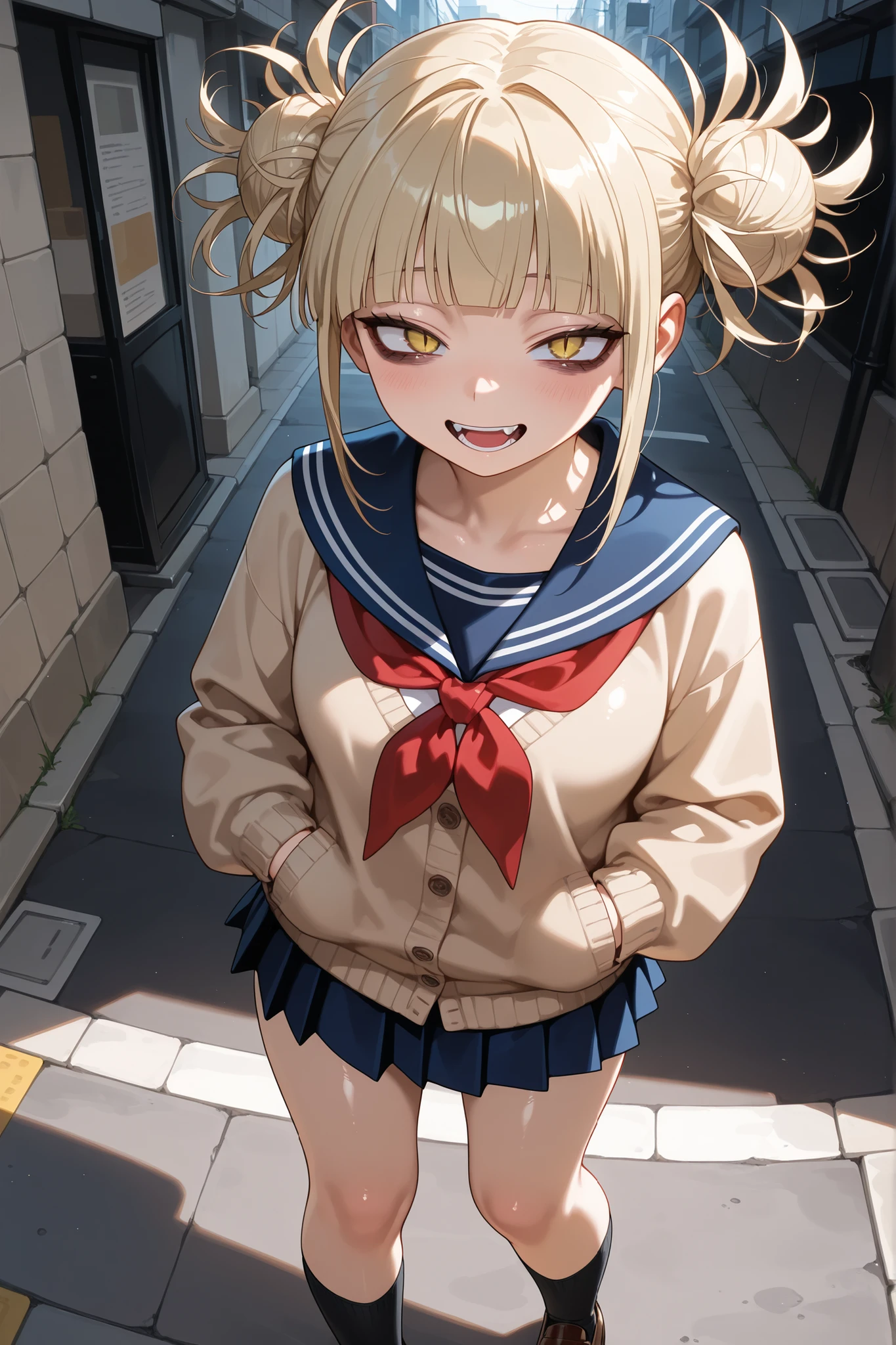 masterpiece, best quality, amazing quality, one girl, solo, street, cowboy shot, shiny skin, perspective, Himiko Toga, yellow eyes, slit pupils, bags under eyes, blonde hair, side locks, short hair with bangs, narrowed eyes, double bun, odango hair, messy hair, brown cardigan, blue sailor uniform, red neckerchief, mini skirt, blue skirt, pleated skirt, black socks, brown shoes, looking at viewer, hands in pockets, open mouth, standing