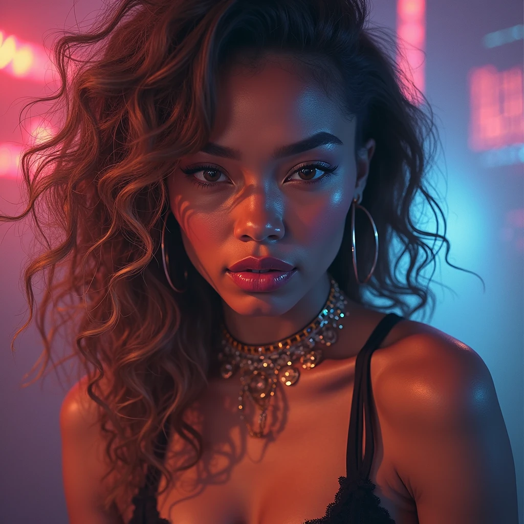 18 year old, surreal latina girl，dark skin, beautiful face, long wavy hair, blue eyes, orgasm, mouth open, sweating, beautiful, hands on head, hyper realisitc, very Sexy look, provocation, in laboratory, red dress, night time, magic energy, neon light, orgasm, soaked, sweating, with freckles, crying, screaming, action